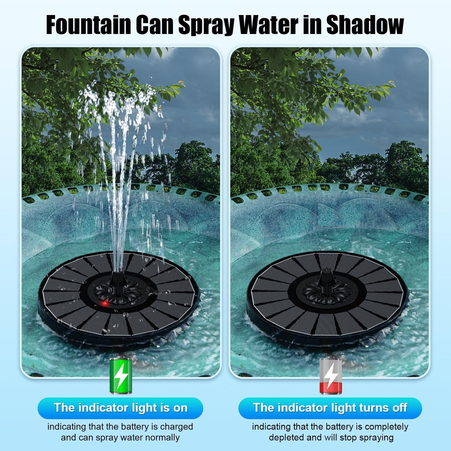 SZMP Solar Fountain Work On Cloudy Day,Solar Water Bird Bath Fountain with Faster Conversion Glass Solar Panel and Power Indicator Light,Built-in 2000mAh Battery