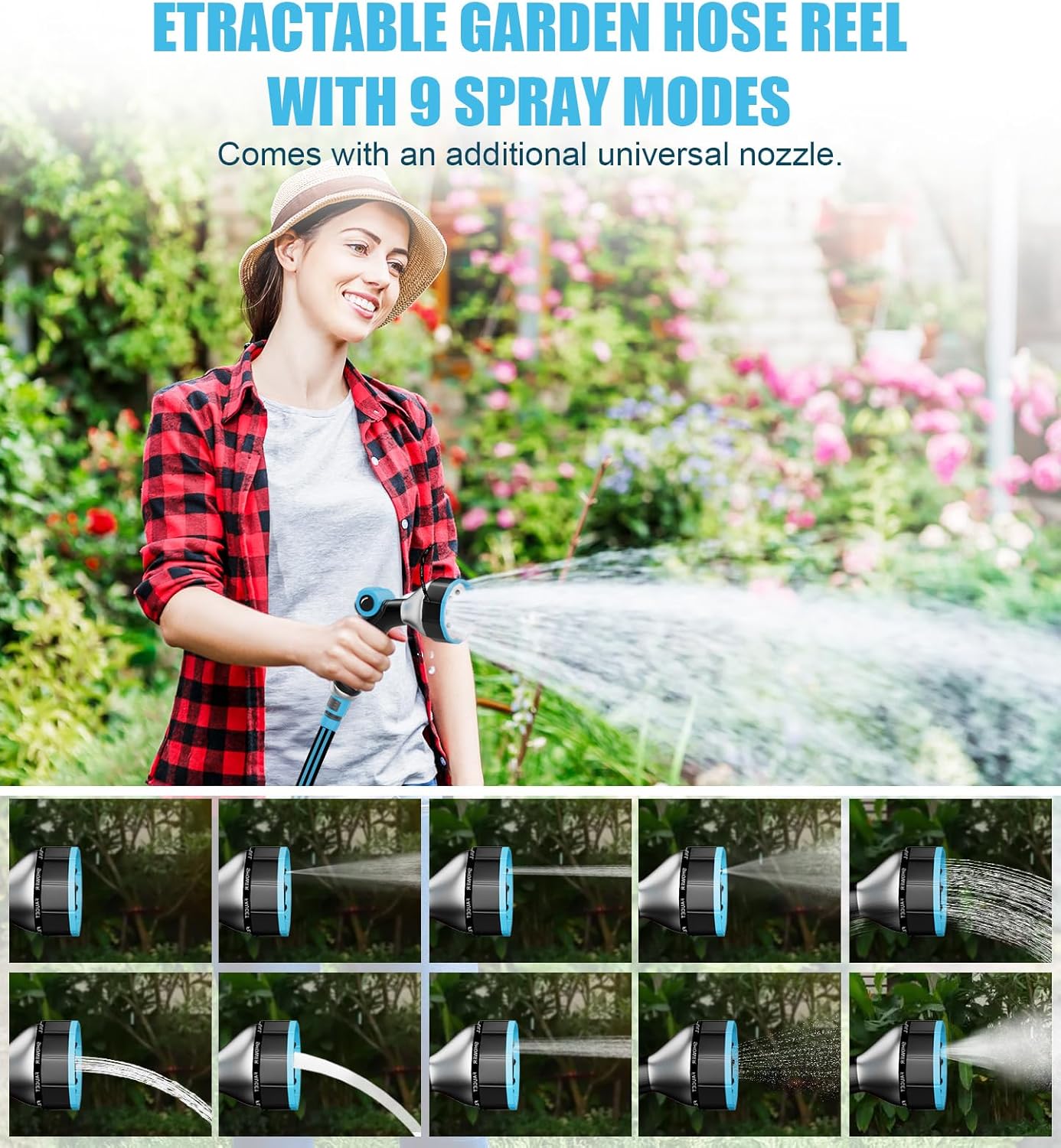 Retractable Garden Hose Reel, 100FT Portable Garden Hose with Reel, Hose Reel Wall Mount with 9-Pattern Nozzle, Automatic Rewind System, 180° Swivel Bracket, Any Length Lock (100FT)