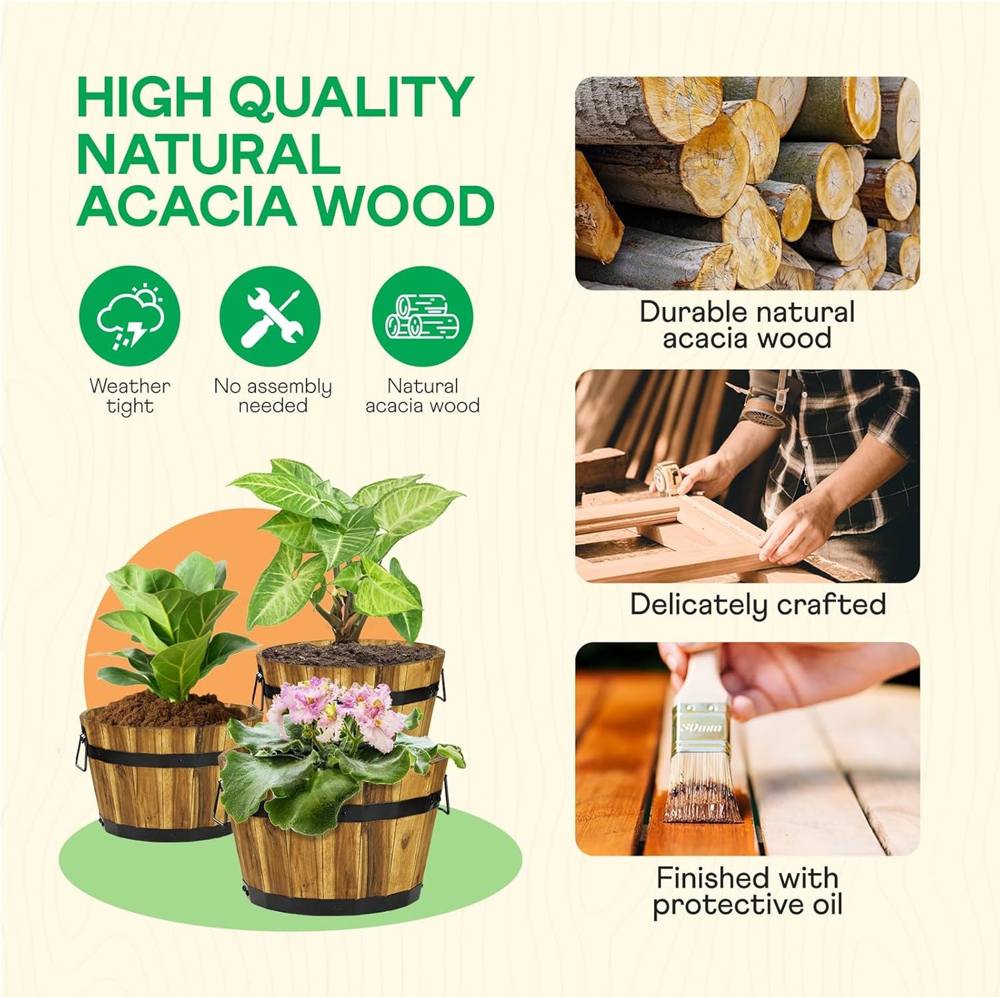 IDZO Set of 3 Wooden Flower Planters for Outdoor Plants, Acacia Wood Barrel Planters, Ergonomic Handles, Drainage Holes, Various Sizes, Golden Teak