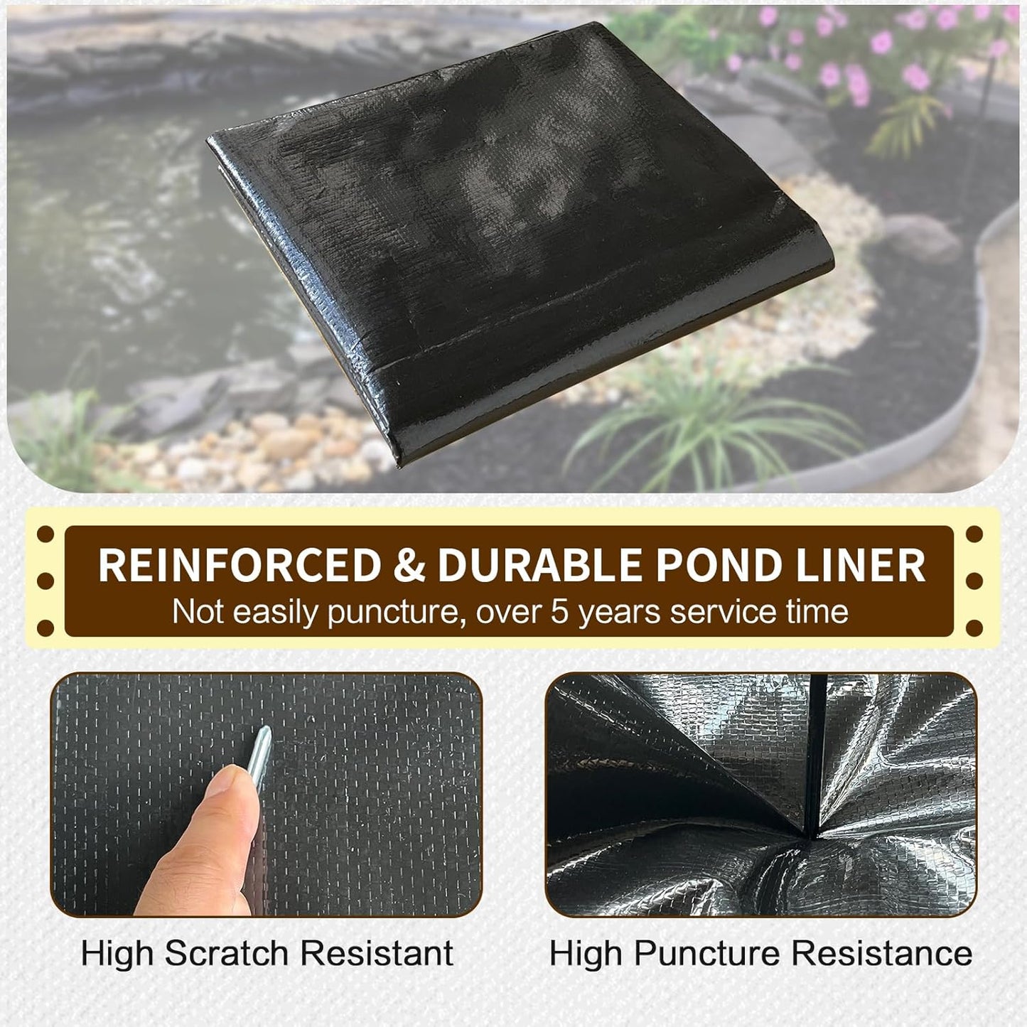 yeezoo 10X10FT Reinforced PE Pond Liner, KOI Pond Liners for Outdoor Ponds, Enhanced 5-Layer Structure Pond Liner for Fish, Duck, Garden Raised Bed and Waterscape Pond(0.63oz/sq ft Thickness)