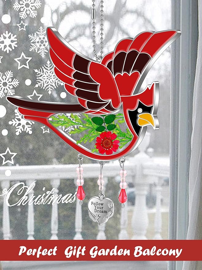 KY&BOSAM Follow Your Dream Cardinal Suncatcher Glass Panels Suncatchers Pressed Real Flower Wings in Glass Suncatchers Birthday Mother`s Day Ornament for Windows with Heart Charm