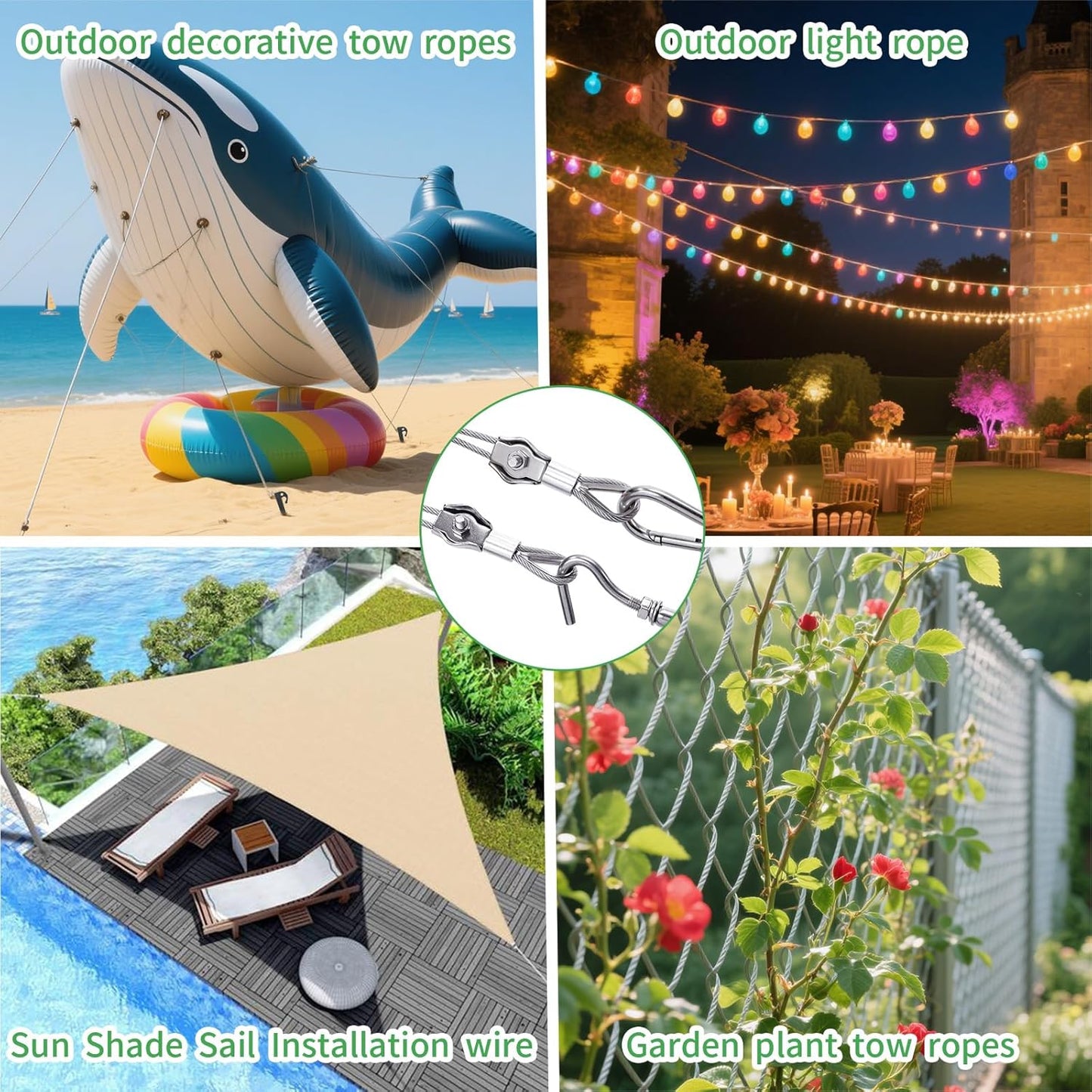 1/8" Wire Cable Rope Kit ，Vinyl Coated 304 Stainless Steel Wire – 300FT 7x7 Strand Cable with Turnbuckles，Shade Sail & Hanging Lights Hardware Kit for Outdoor, Garden,Patio, Crafts, Hanging Lights