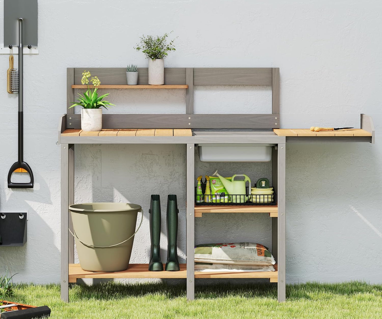 Wooden Potting Bench Table with Sink,Outdoor Garden Table Work Bench with Shelf, Workstation for Outside Lawn Patio
