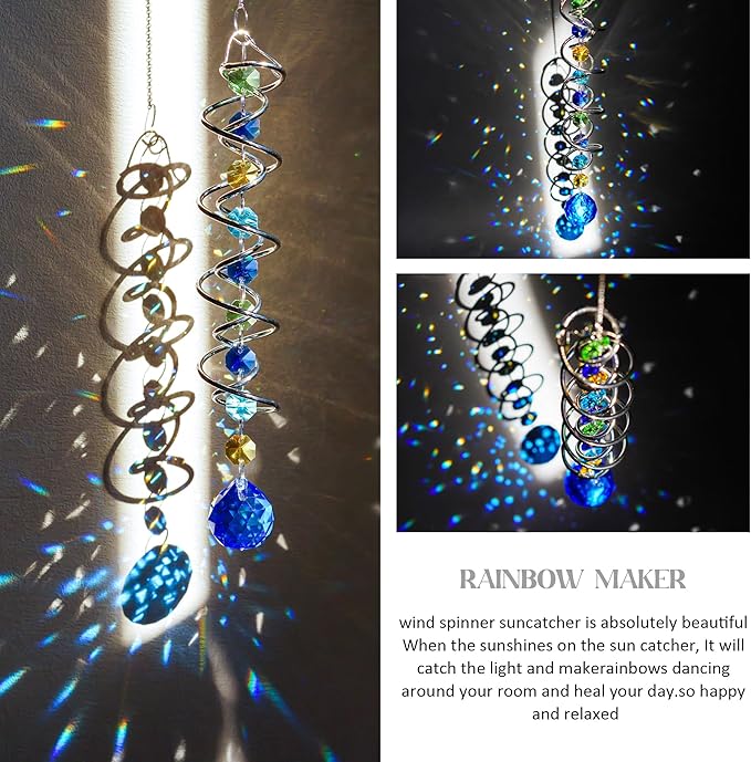 H&D HYALINE & DORA 17.7inch Gazing Ball Spiral Tail,Decorative Wind Spinner Sun Catcher,Rainbow Maker Double-Spiral W/Sea Blue Crystal Ball and Chain,Glass Crystals for Indoor Outdoor Decoration