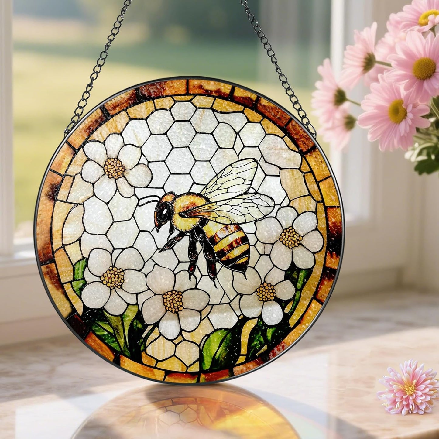 Bee Wildflowers Stained Glass Suncatcher, Stained Glass Window Hanging, 8 Inch Honey Bee Suncatcher, Honeybee Gifts for Garden Lovers, Gifts for Mother's Day, Teacher Gift, Grandma Gift