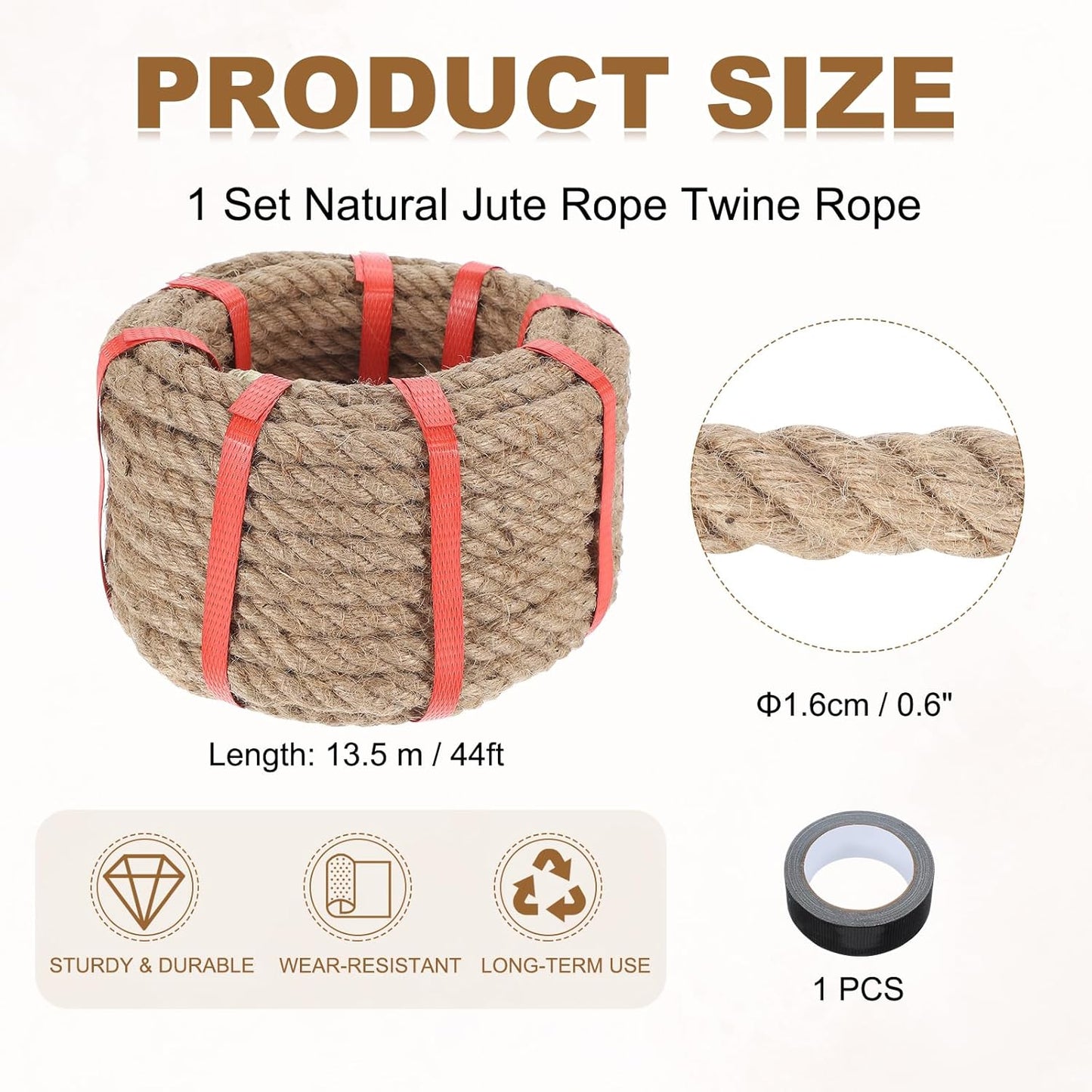 MECCANIXITY Jute Rope 0.6 Inch x 44ft, Thick Twine Rope Ropes Braided Jute Twine Natural Brown Burlap Cord String Heavy Twisted with Tape for Decorative Crafts Railing Swing Tug of War