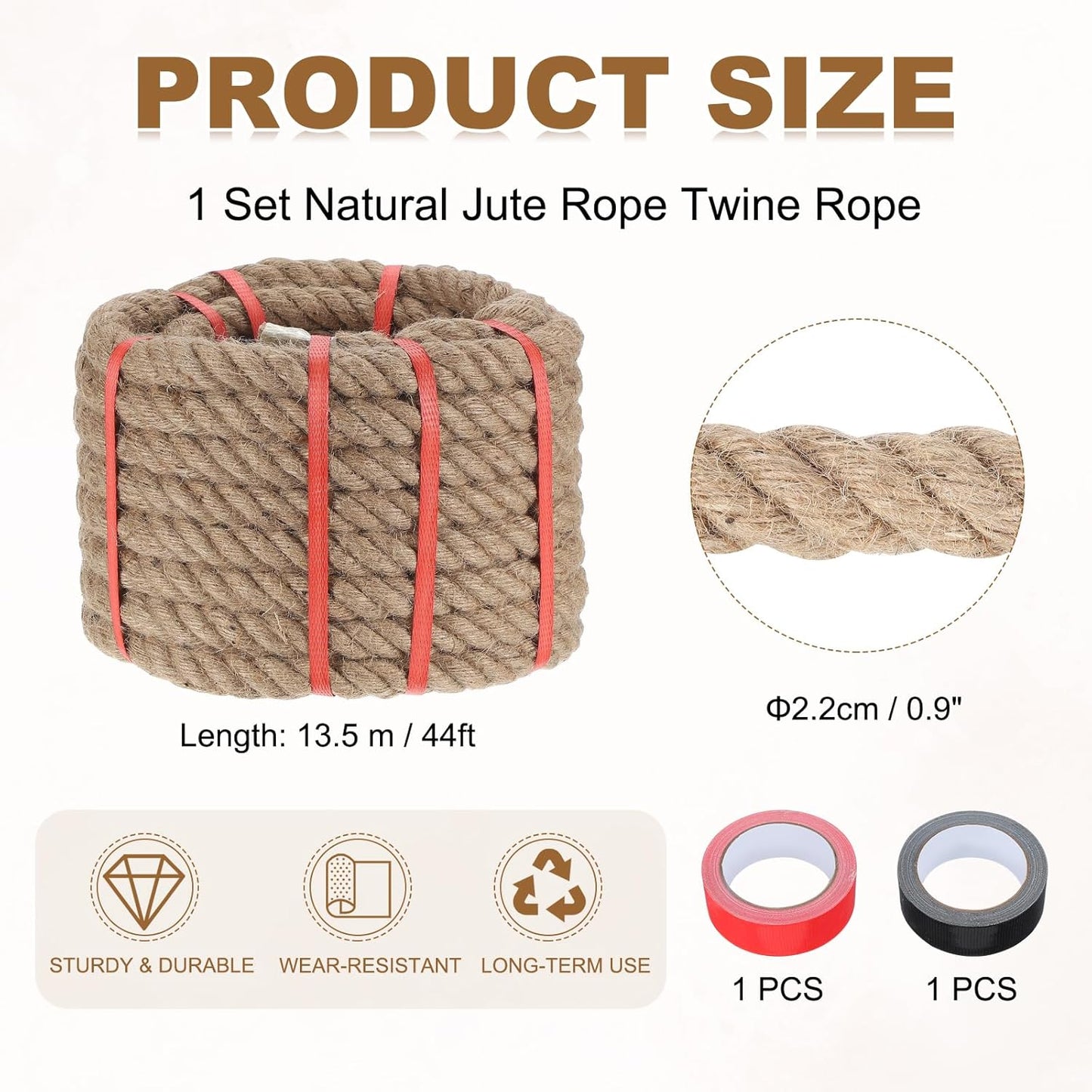 MECCANIXITY Jute Rope 0.9 Inch x 44ft, Thick Twine Rope Ropes Braided Jute Twine Natural Brown Burlap Cord String Heavy Twisted with Tapes for Decorative Crafts Railing Swing Tug of War