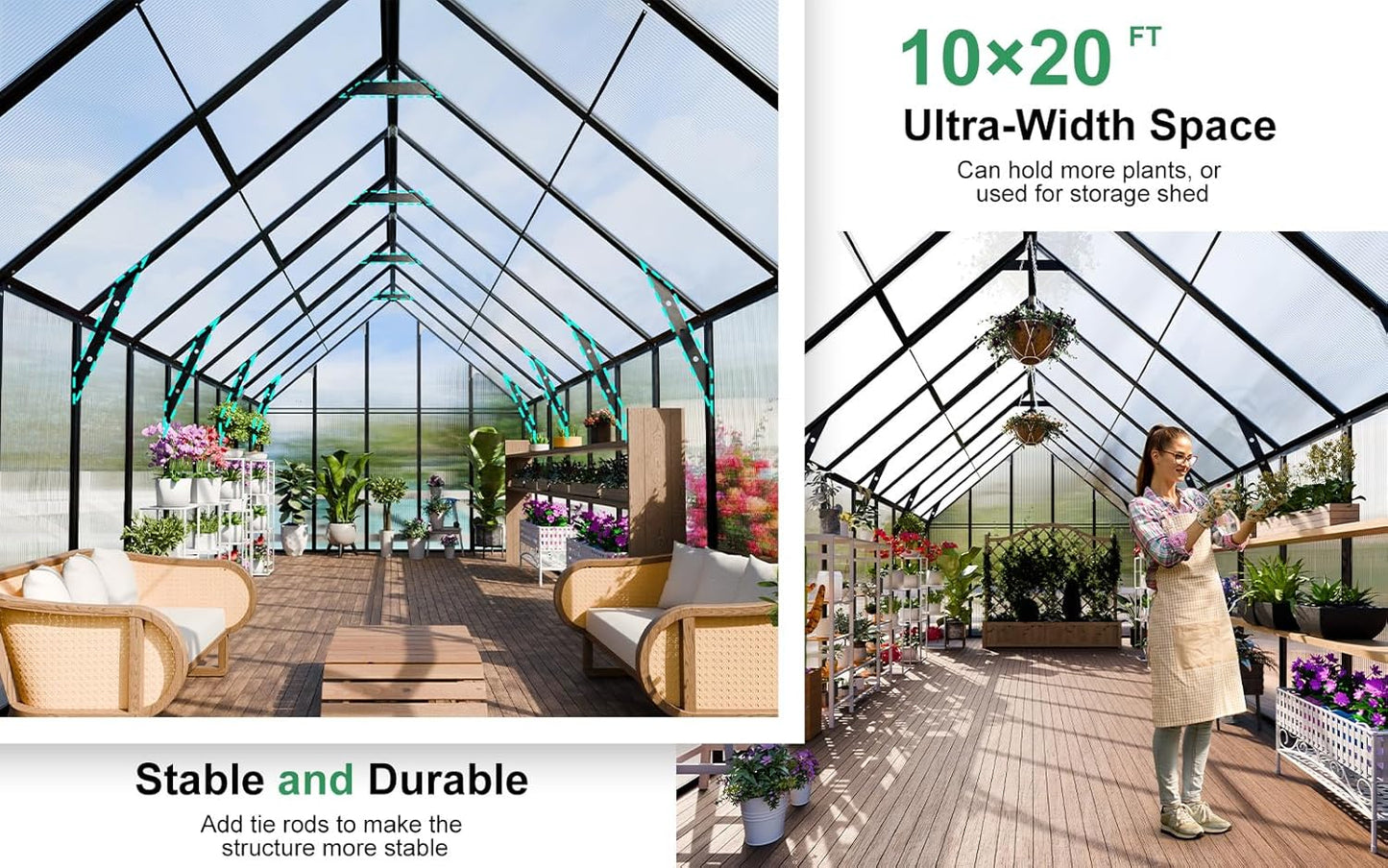 CDCASA 10x20 FT Greenhouse for Outdoors,Large Easy Assembly Large Polycarbonate Greenhouse Aluminum Greenhouses w/4 Vents Window, Swing Door Walk-in Green House for Ouside,Backyard,Garden, Black