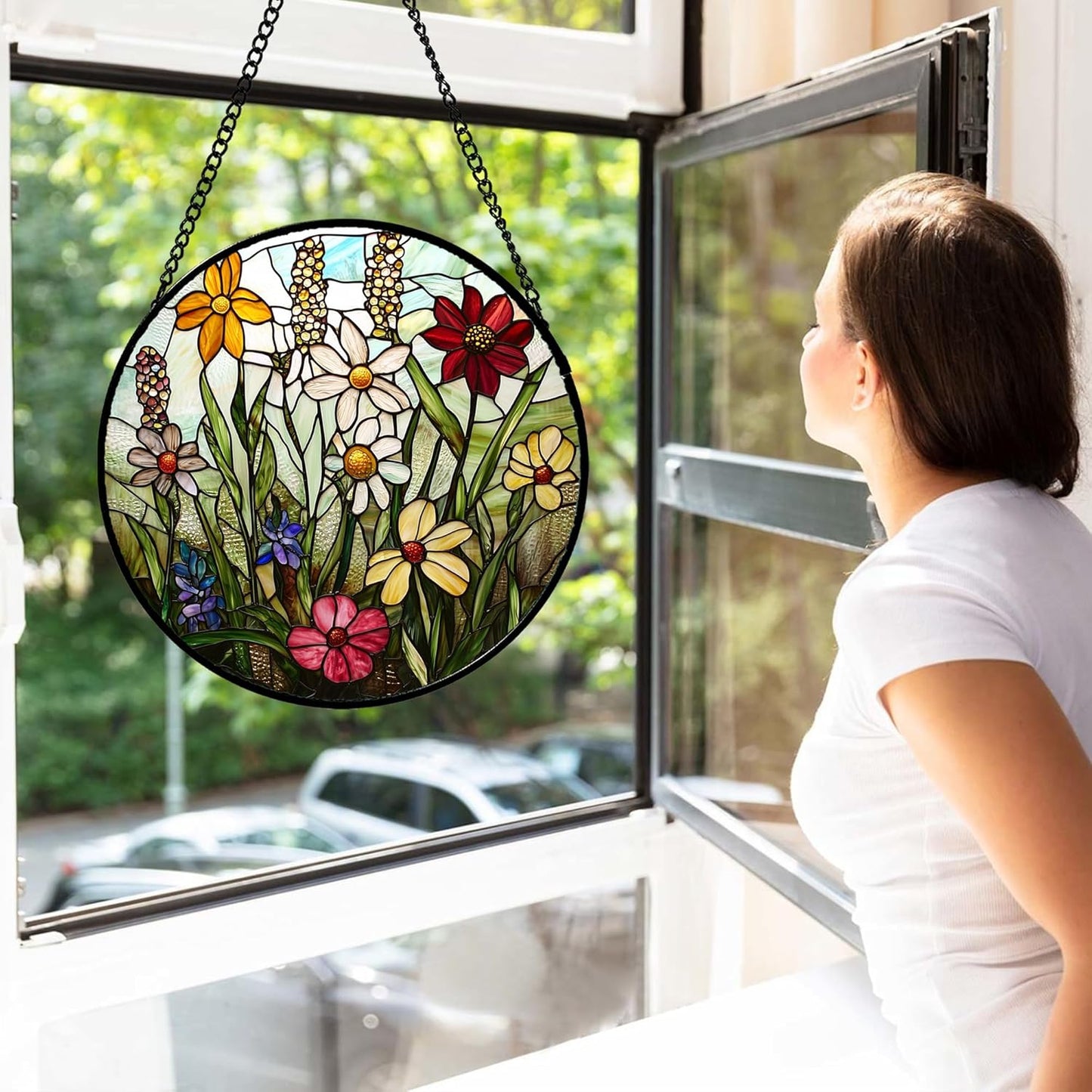 Stained Glass Window Hanging, Colorful Wildflowers Plant Scenery Suncatcher for Doors Window Home White Green Sun Catchers Decor Mother's Day Birthday Gifts for Women, Men Mom 7.8 in