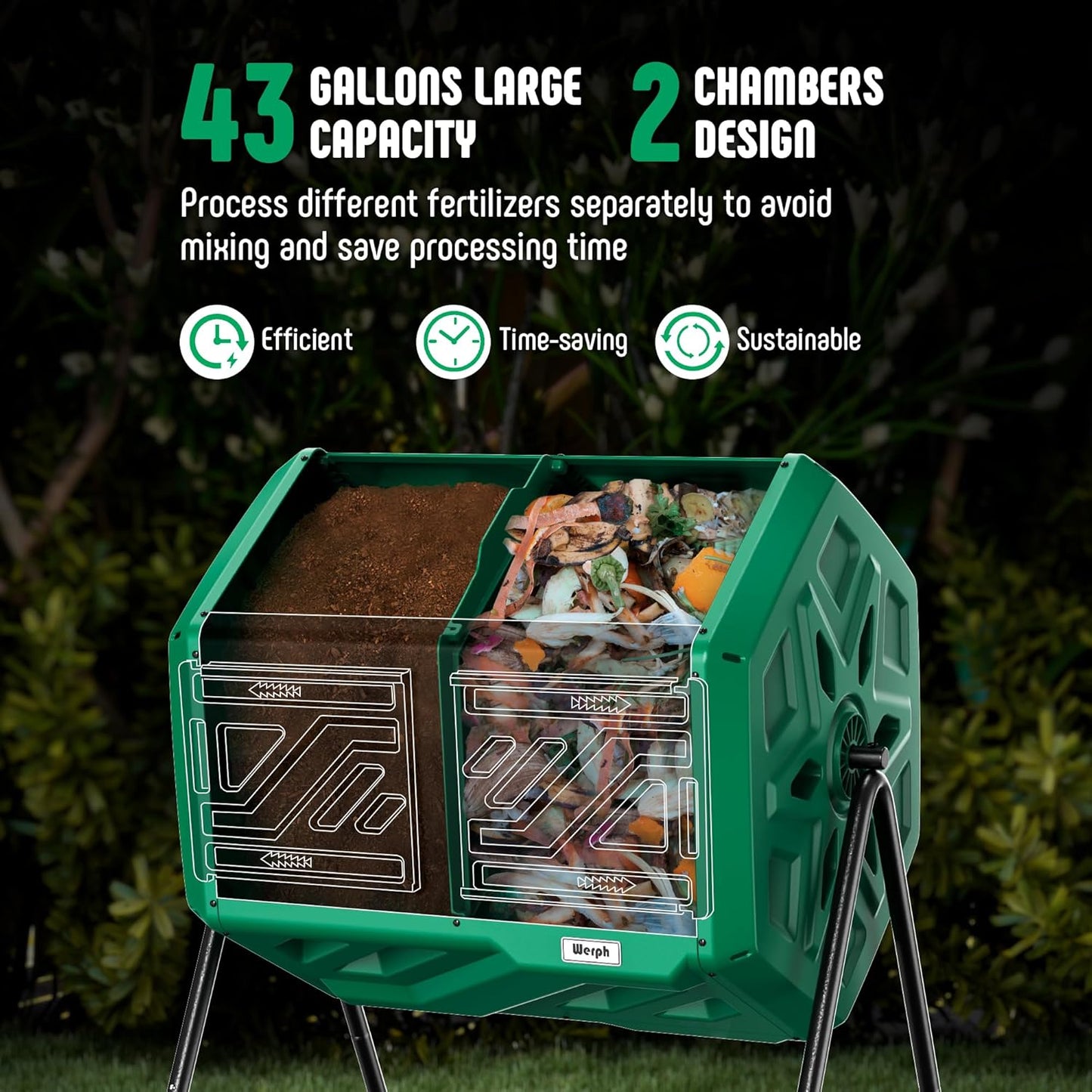 Compost Bin, Outdoor Composter, Fast Assembly 43 Gallon Dual Chamber Outdoor Compost Tumbler, Heavy Duty Tumbling Rotating Composter for Patio, Garden,Yard, Green, Easy Setup, Gloves Included