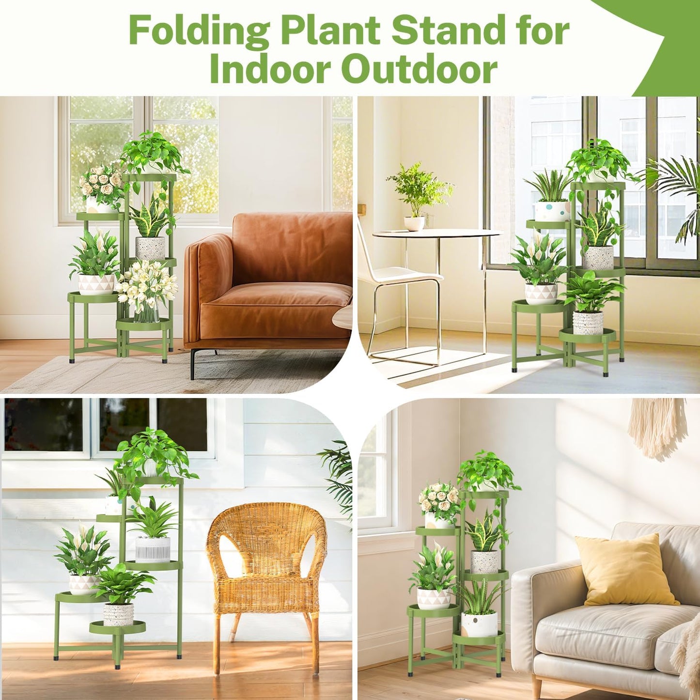 iDavosic.ly 5 Tier Folding Plant Stand Indoor Outdoor with Plastic Tray, Tiered Corner Flower Holder Shelf, Metal Orchid Display Rack for Patio Porch Living Room Garden Balcony, Green