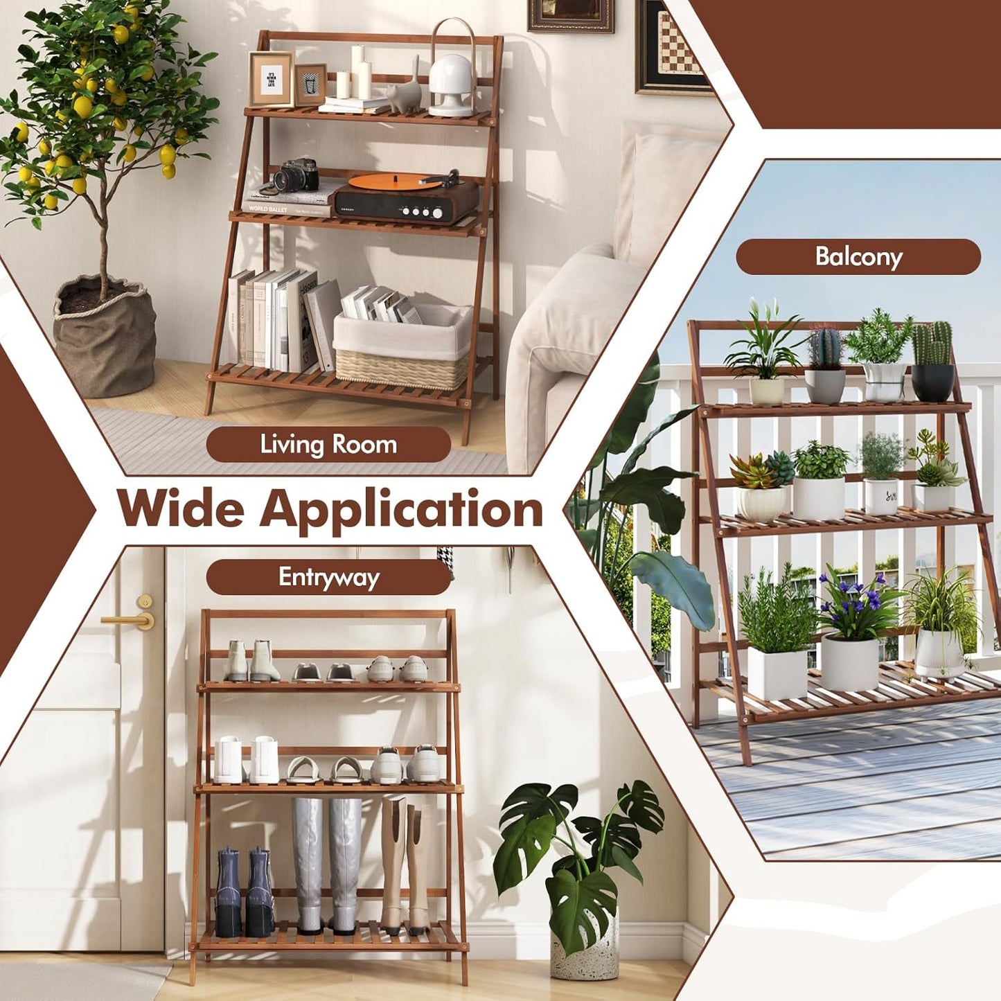 COSTWAY Bamboo Plant Stand, Foldable Multifunctional Flower Display Ladder Shelf, 3-Tier Storage Rack