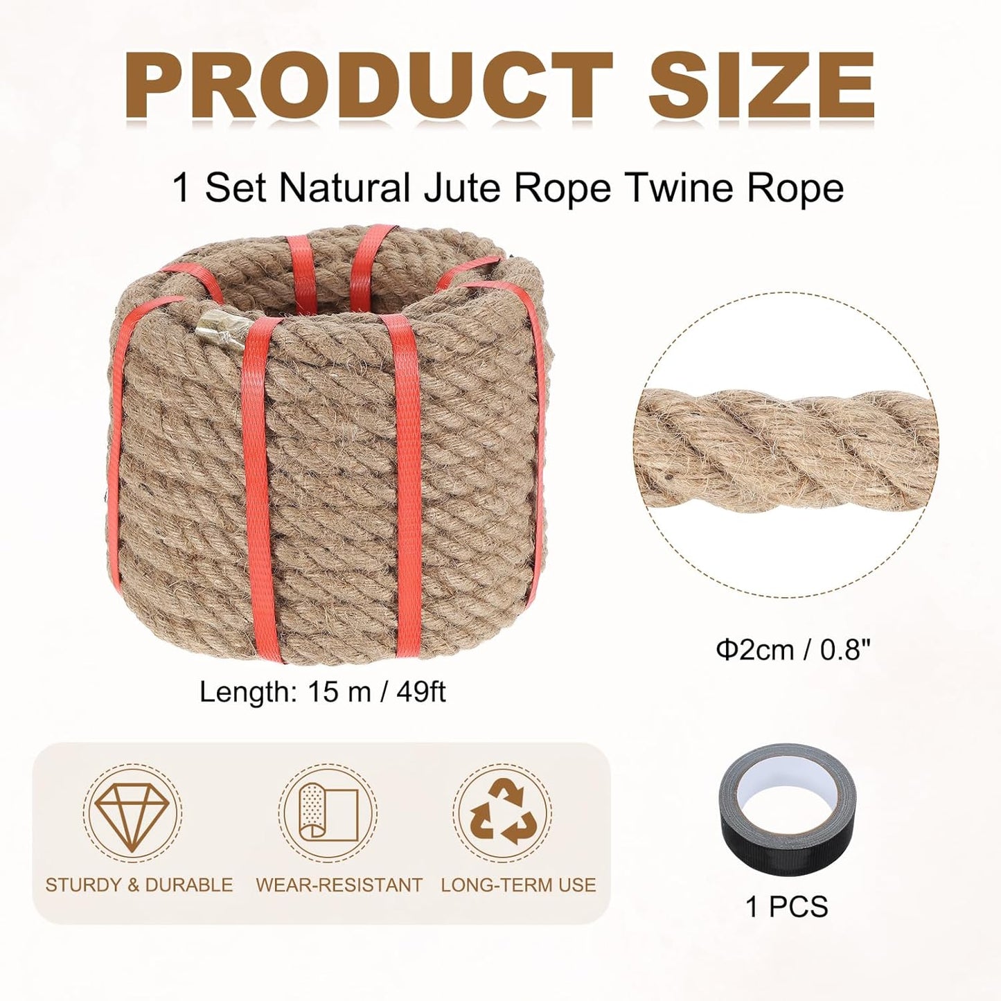 MECCANIXITY Jute Rope 0.8 Inch x 49ft, Thick Twine Rope Ropes Braided Jute Twine Natural Brown Burlap Cord String Heavy Twisted with Tape for Decorative Crafts Railing Swing Tug of War