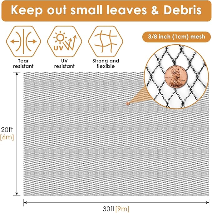 PACETAP Pond Netting Kit 20 x 30 Ft,Pond Netting for Leaves,Koi Pond Cover,Heavy Duty Koi Pond Netting,Pool Protective Cover Netting Protecting Koi Fish from Birds, Cats -Stakes Included