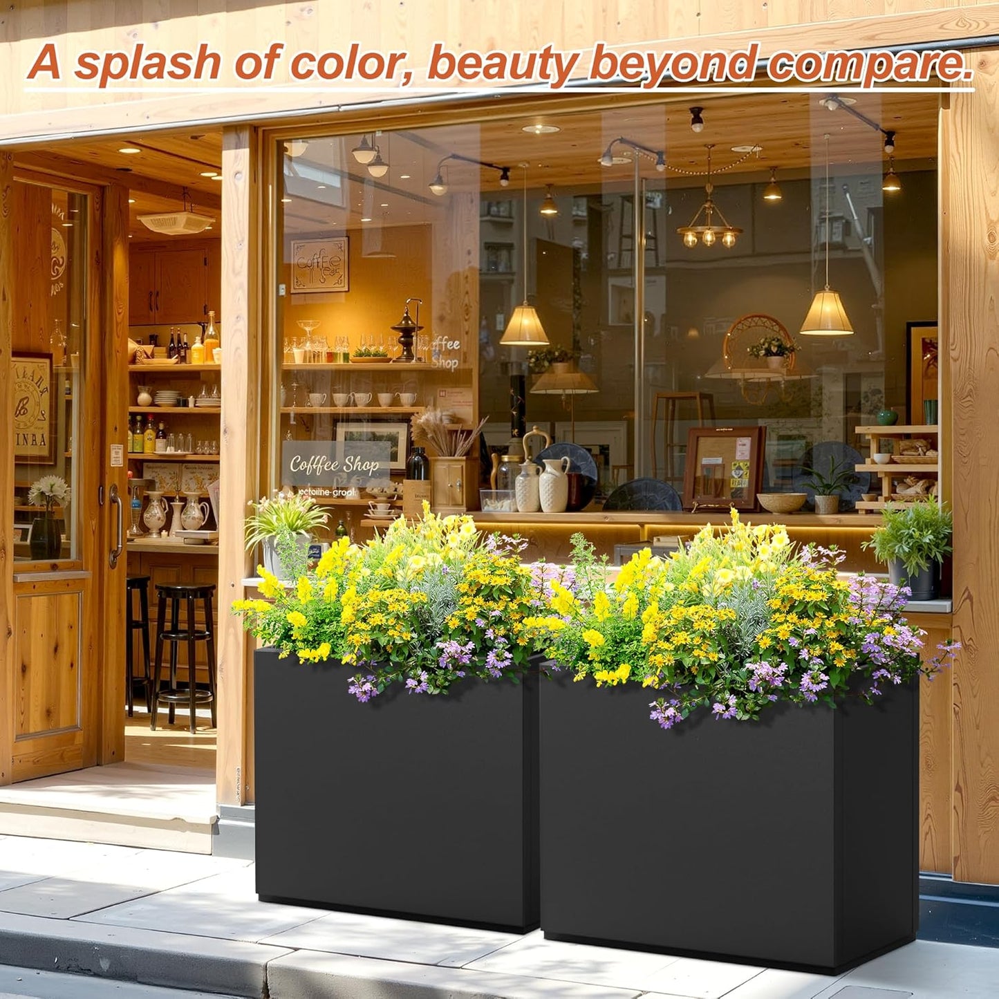 Metal Rectangular Planter for Outdoor Plants, Coated Large Planter Box with Drainage, Outdoor Patio PLanters with Sturdy Thickened Divider for Yard, Garden