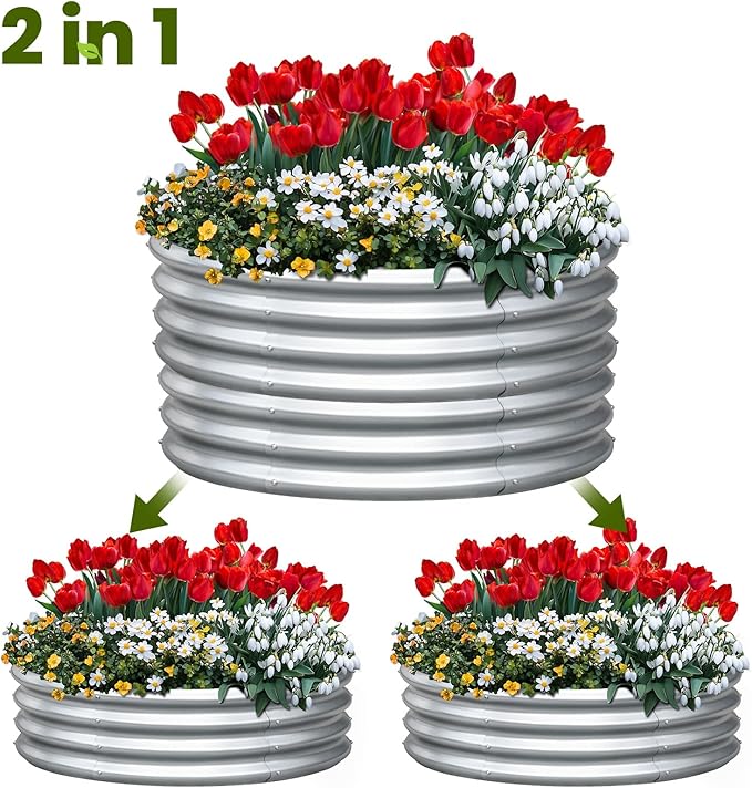 KING BIRD Raised Garden Bed Galvanized Round Planter Box Outdoor for Gardening, Plants, Vegetables, Flowers, Silver, 47x47x12 in 2 Packs