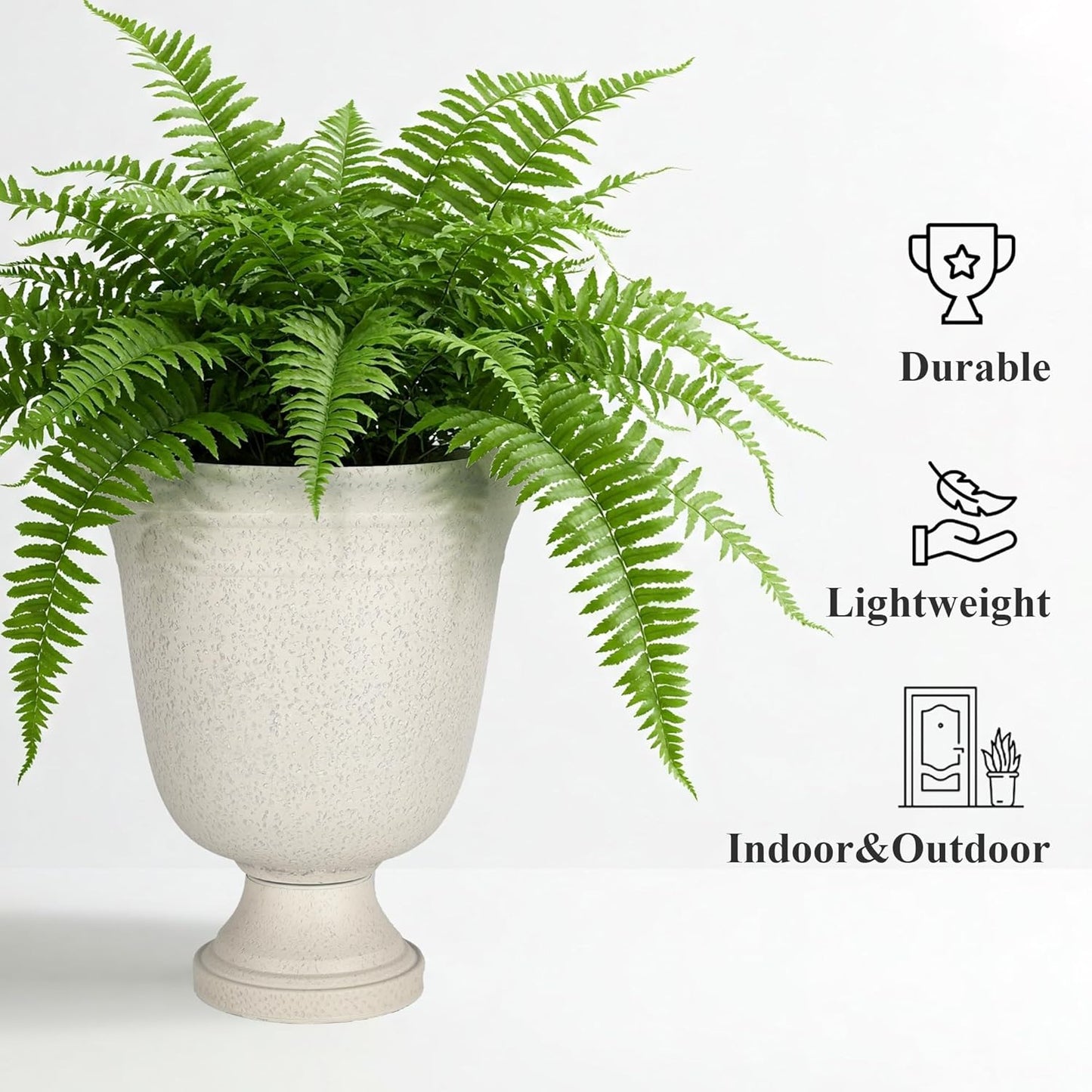 Worth Garden 2-Pack 19.5" H Plastic Urn Planters, Grayish White Large Lightweight Imitation Stone Textured Decorative Flower Plant Pots with Drainage Hole for Indoor Outdoor Patio Front Porch