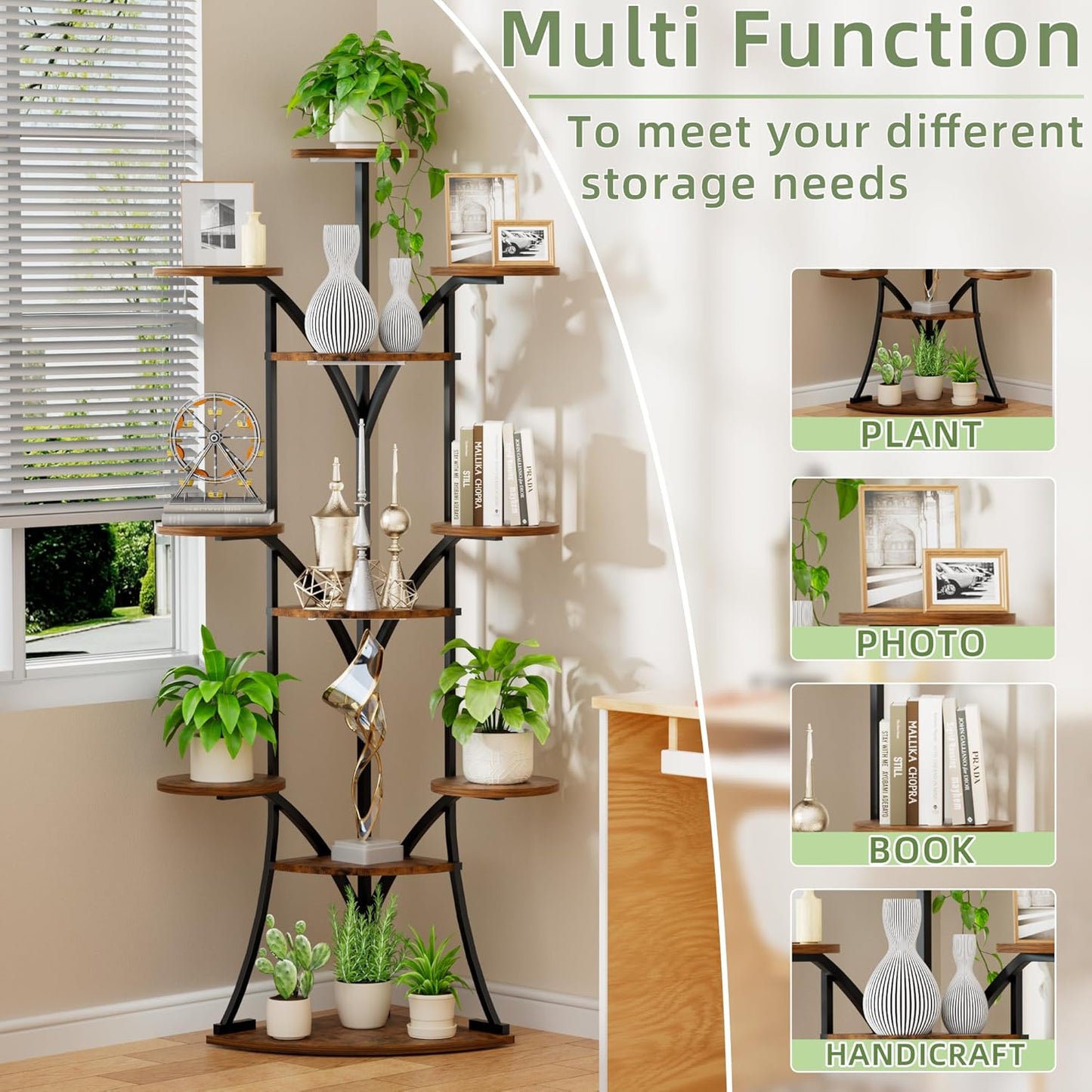 Plant Stand Indoor with Grow Lights-63'' Tall Plant Shelf, Corner Plant Stands for Indoor Growing, Tiered Plant Shelves Large Flower Holder for Indoor Plants, V-Shaped Decorative Rack for Home, Black