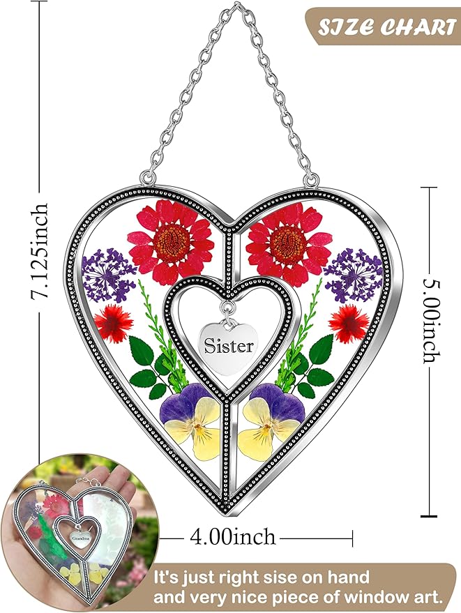 KY&BOSAM Heart Suncatcher Sister Stained Glass Panels Hangings for Windows Sun Catchers with Pressed Real Flower Heart in Glass Birthday Gifts for Women Mothers Day Home Garden Christmas Ornament