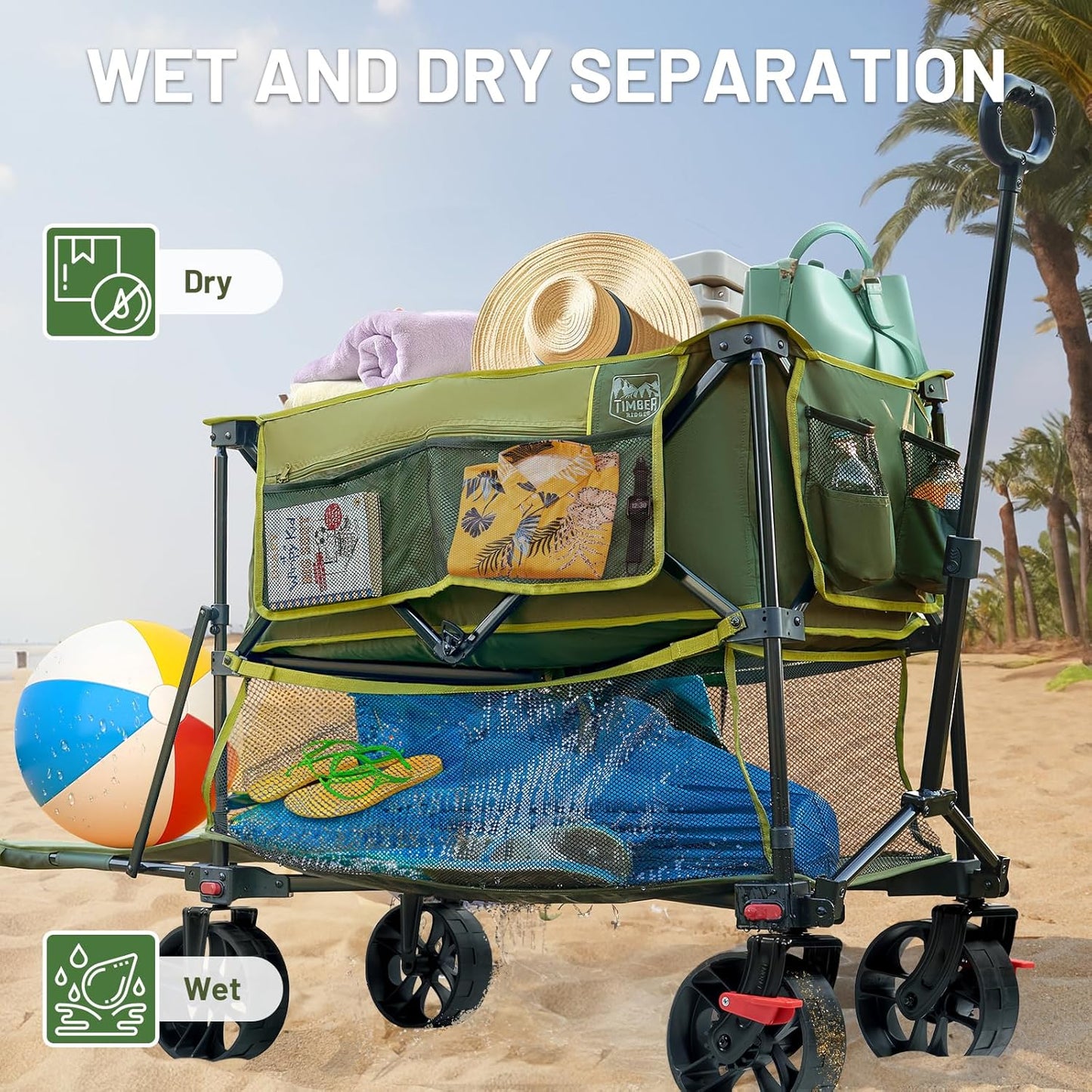 TIMBER RIDGE 400L Large Capacity Folding Double Decker Wagon with Brakes, 54" Extra Long Extender Wagon Cart, 660lbs Heavy Duty Collapsible Cart, All-Terrain Big Wheels for Camping, Sports, Shopping