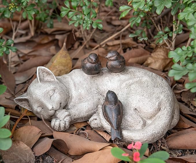 Sleeping Cat Garden Statues Outdoor - 12"Sparrows On Cat Figurine Memorial Statue Grave Markers Garden Resin Sleeping Cat Statues for Garden Decor Outdoor Cat Statue Resin 12" x 8" x 4.5"LC LCdecohome