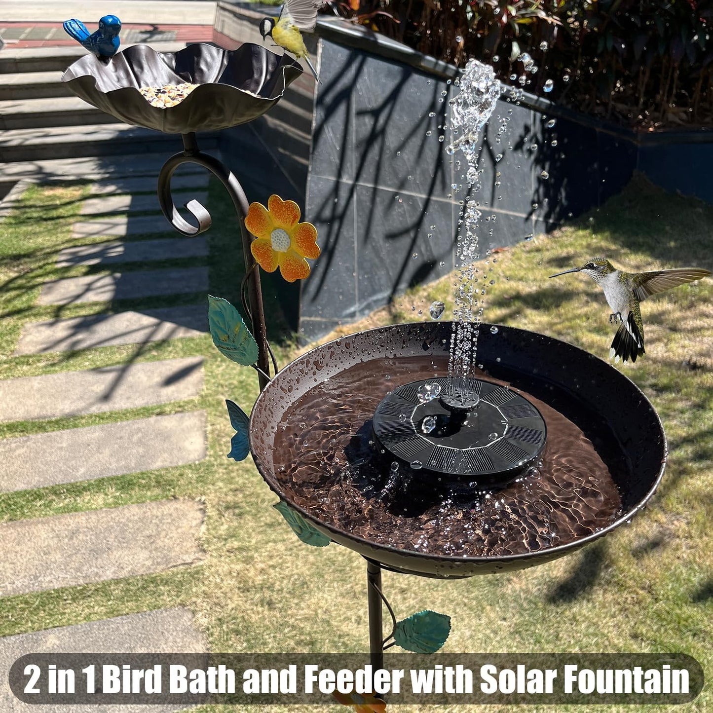 Free Standing Solar Bird Bath, 58" Tall Decorative Birdbath and Feeder Combo, Stake Bird Baths for Outdoors with Solar Fountain, 5 Spikes Floral Accent Birdbaths for Garden Patio Yard Lawn