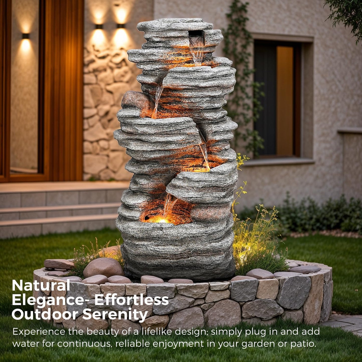 40" Outdoor Water Fountain with LED Lights - 5-Tier Cascading Rock Waterfall Fountain, Natural Rock Look, Ideal for Garden, Landscaping, Patio, Balconies and Yard Decor