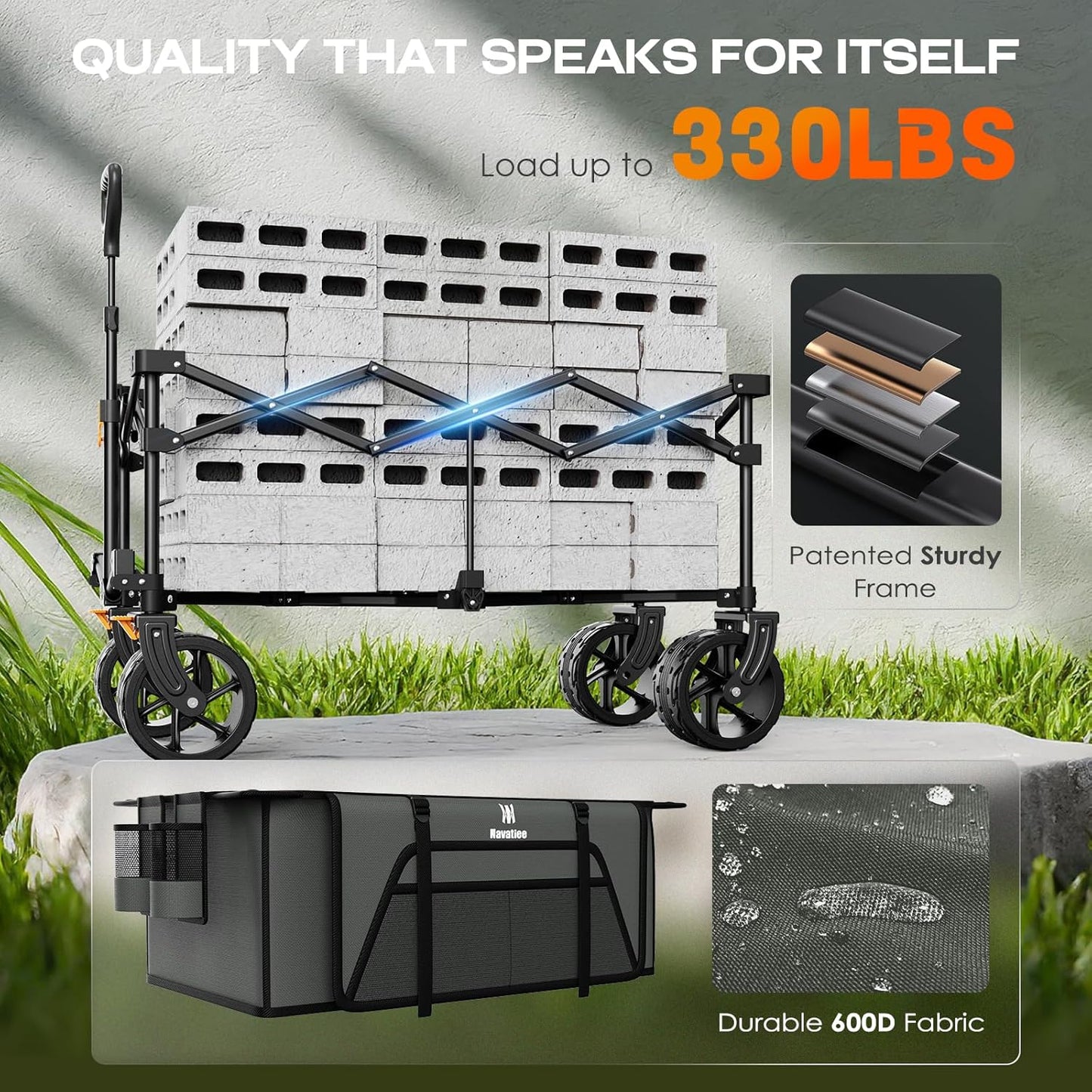 Navatiee Big Wheels Collapsible Wagon Cart Foldable, Heavy Duty Beach Wagon with Silent All-Terrain Wheels, Folding Utility Grocery Cart with Side Pocket and Brakes for Camping Garden Sports, Gray