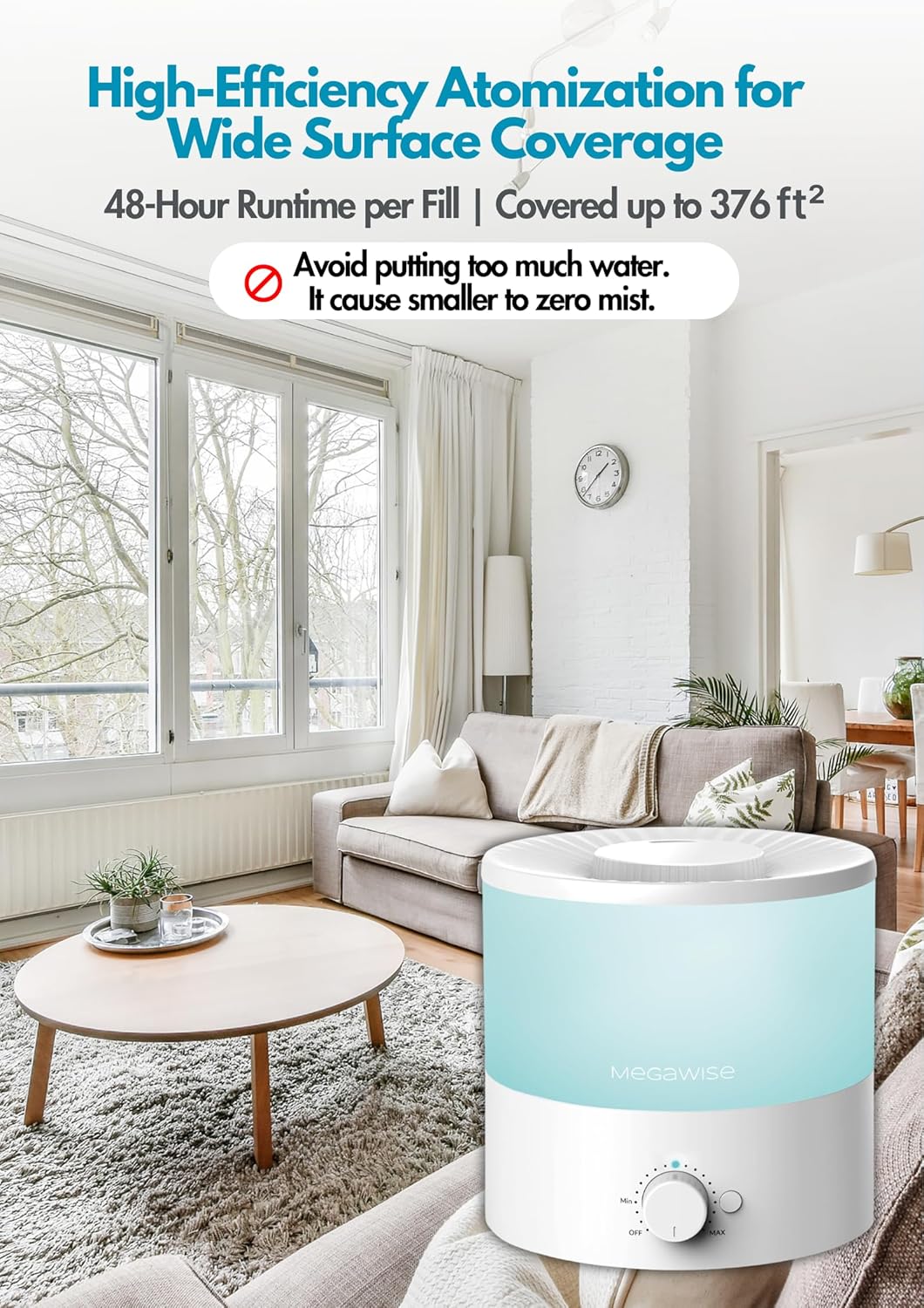 MEGAWISE 1.5L Cool Mist Humidifier for Bedroom, Home, Office, and Plants, Essential Oil Diffuser with Adjustable Mist Output, 25dB Quiet Ultrasonic, Up to 10 Hours, Easy to Clean