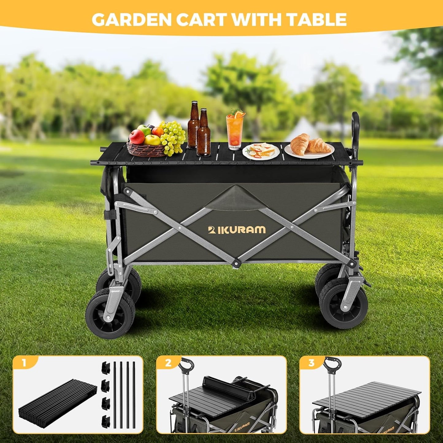 Collapsible Wagon Cart with Removable Tabletop, 500LBS Folding Wagons with Extended Tailgate, Big All-Terrain Wheels, Heavy Duty Utility Wagon Carts for Beach, Picnic, Grocery, Outdoor