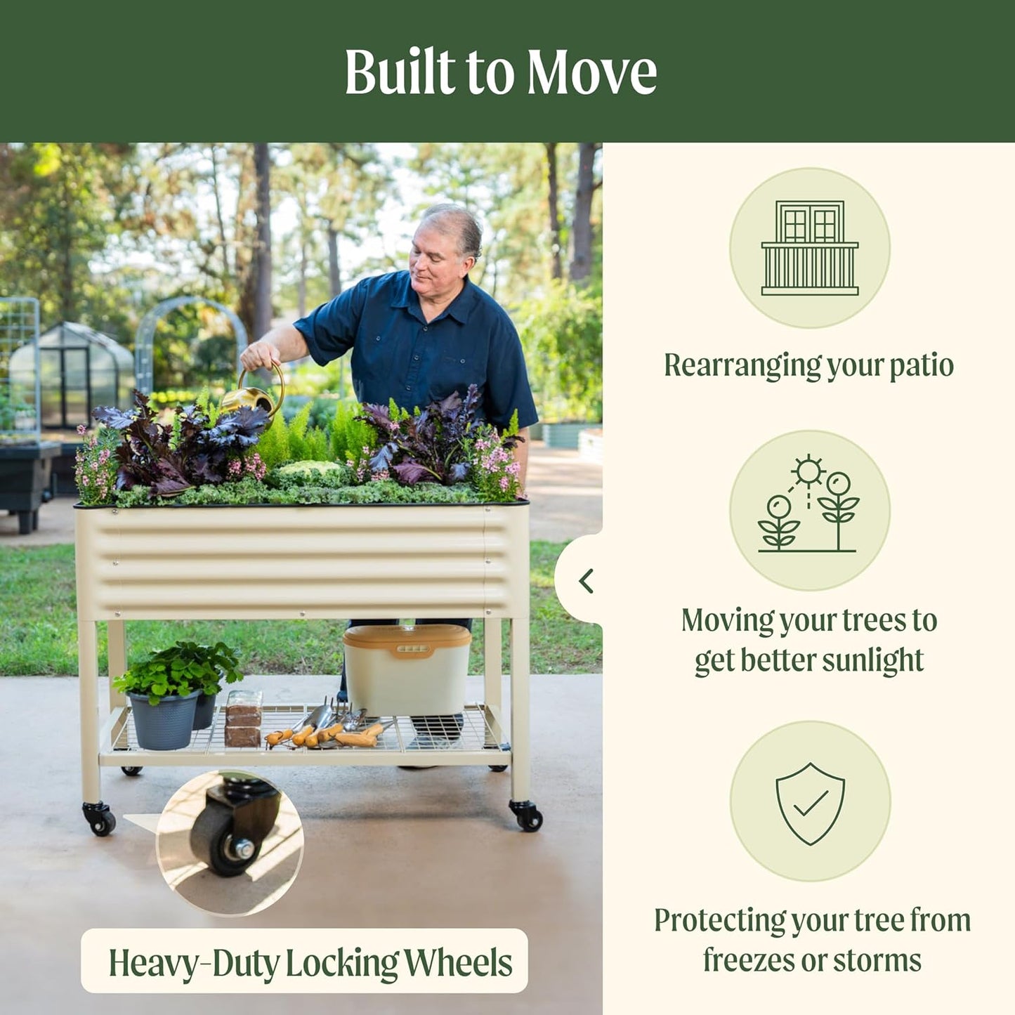 Rolling Elevated Raised Garden Bed-V Series, 2' x 8' Garden Beds with Legs & Storage Rack for Patio & Porch, 1400 Lbs Weight Capacity, Outdoor Planter Box for Vegetables Flower Herbs, Pearl White