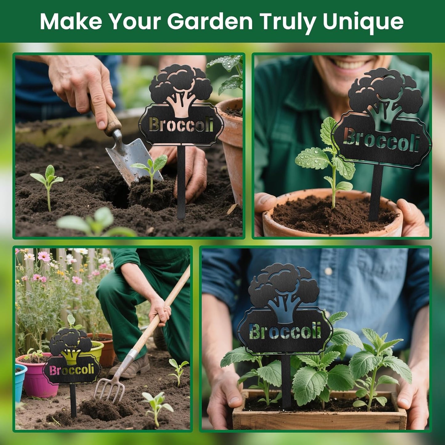 CUTHOLLOW Metal Plant Marker Stake Broccoli for Outdoor Indoor, Waterproof 11.8 inch Cute Garden Plant Labels Sign Tag for Vegetables, Farmhouse Greenhouse Decor - Funny Gardening Gifts