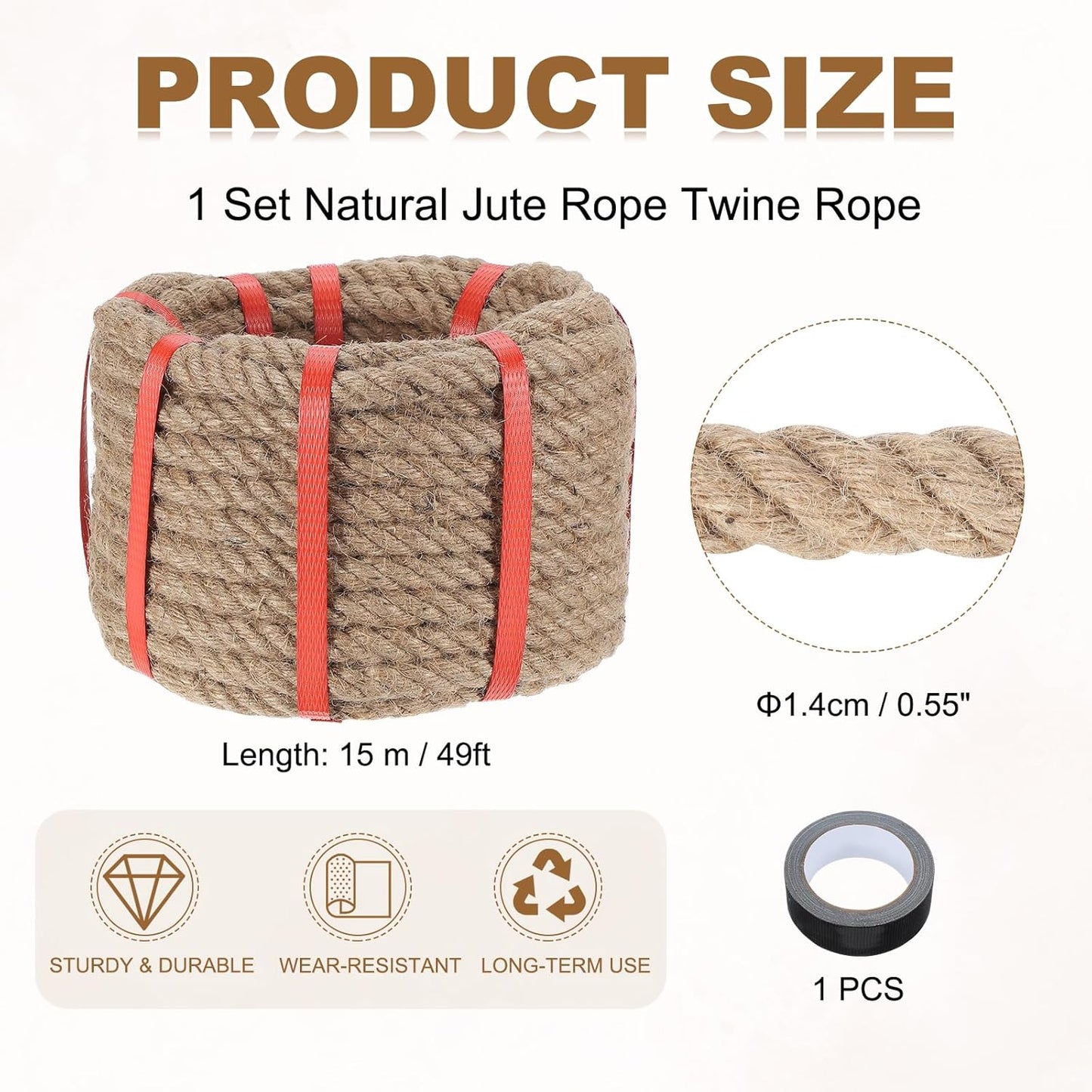 MECCANIXITY Jute Rope 0.55 Inch x 49ft, Thick Twine Rope Ropes Braided Jute Twine Natural Brown Burlap Cord String Heavy Twisted with Tape for Decorative Crafts Railing Swing Tug of War