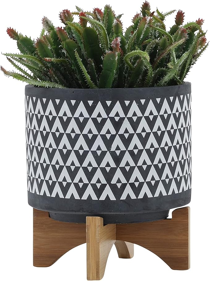 Sagebook Home 9" H 8" Diameter Dark Gray and Ivory Aztec Design Ceramic Planter with Solid Rubberwood Stand for Living Room, Bedroom, or Office