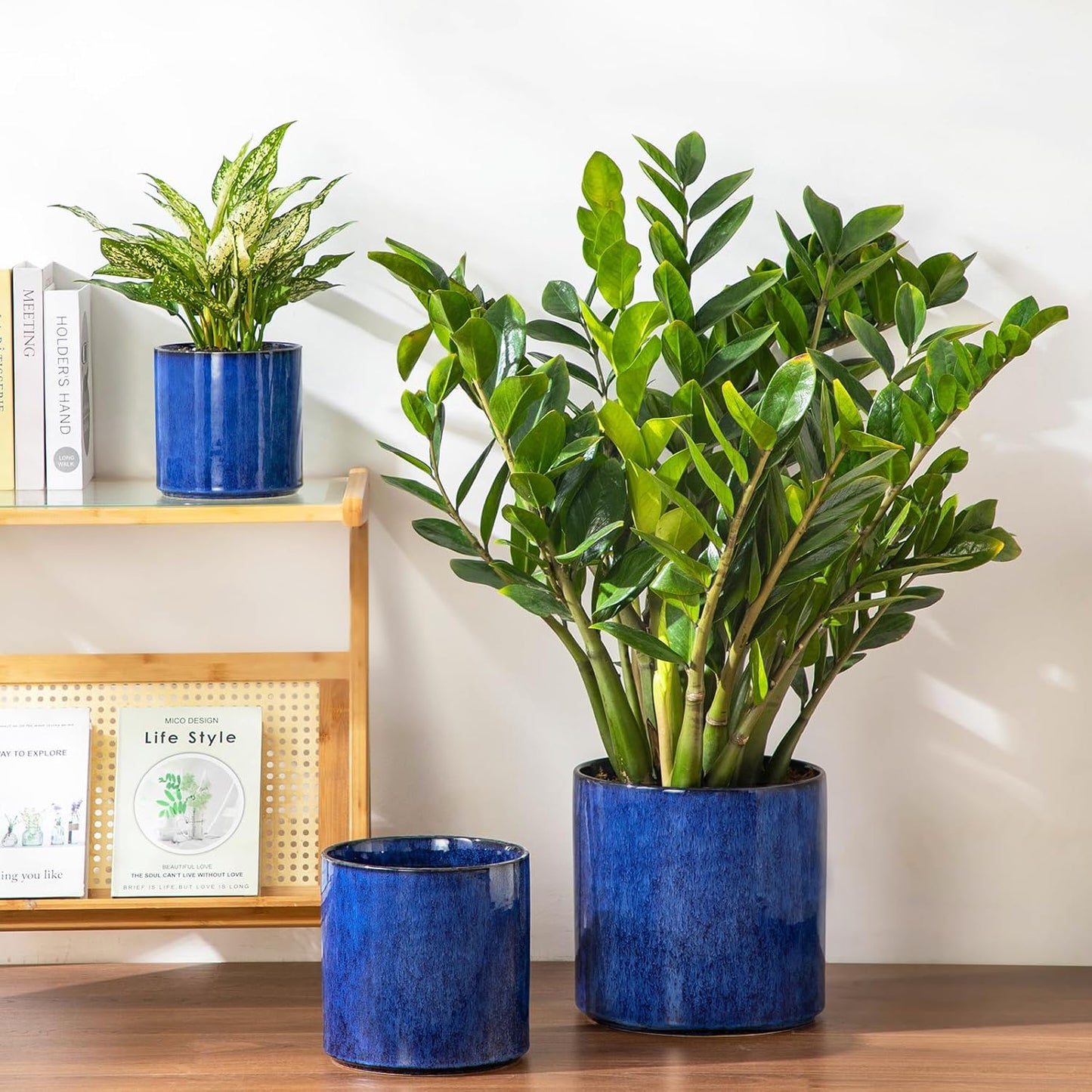 vancasso 6"+8"+10" Ceramic Pot for Plants, Large Outdoor Indoor Planter Pots with Drainage Holes, Set of 3, Blue