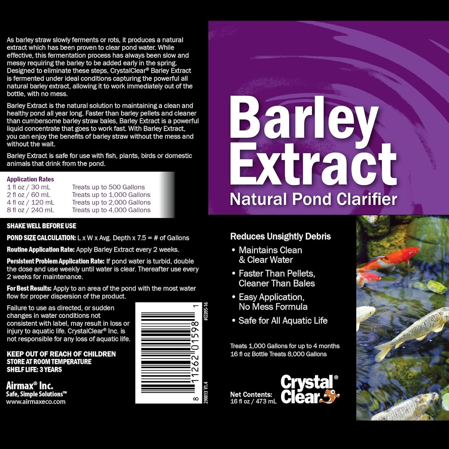 CrystalClear Barley Extract Water Garden & Fountain Clarifier, Natural Liquid Concentrate to Treat Cloudy Ponds, Koi Fish, Plant & Pet Safe, 1 Gallon
