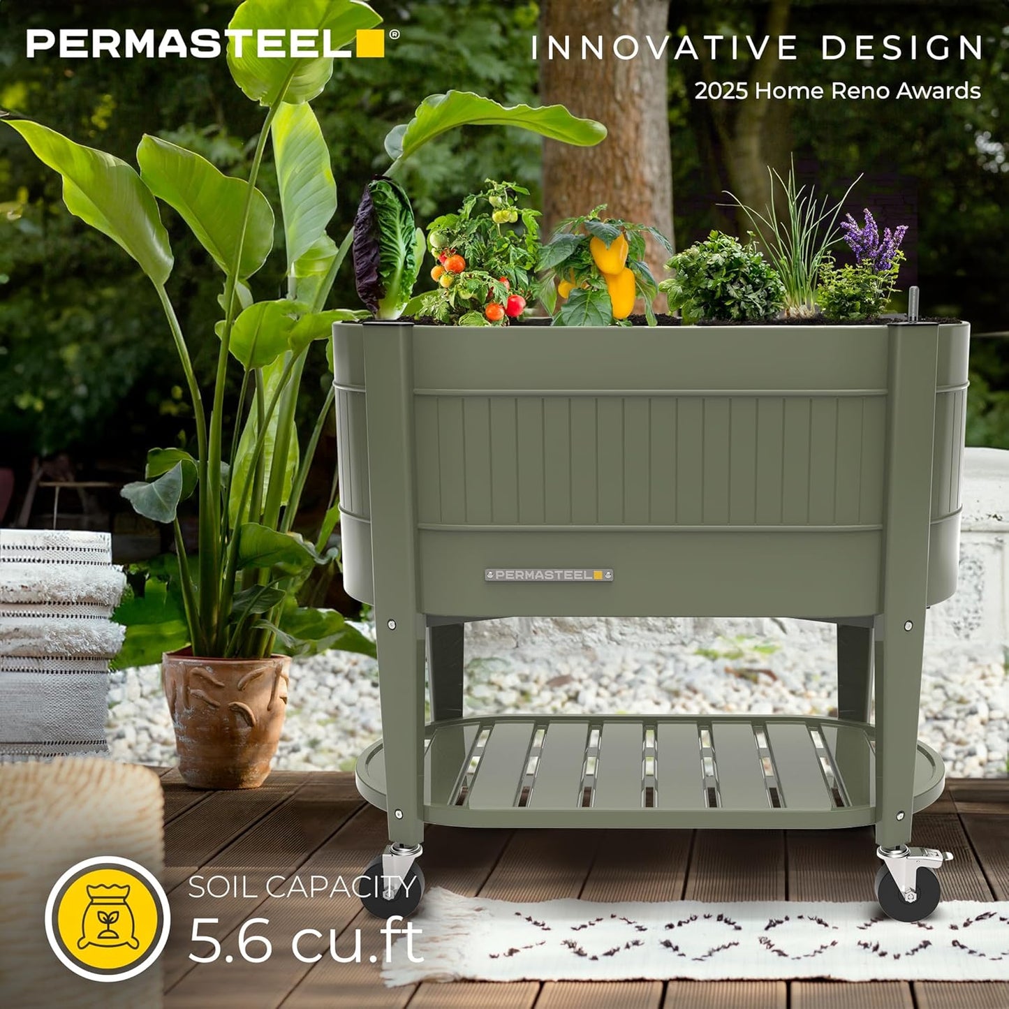 Permasteel Raised Garden Bed with Legs, 40×20×37 in, Planter Box with EnGrow™ TrueSoil™ Technology for Vegetables, Flowers, Herbs, and Fruit, Outdoor Indoor, Storage Shelf, Green