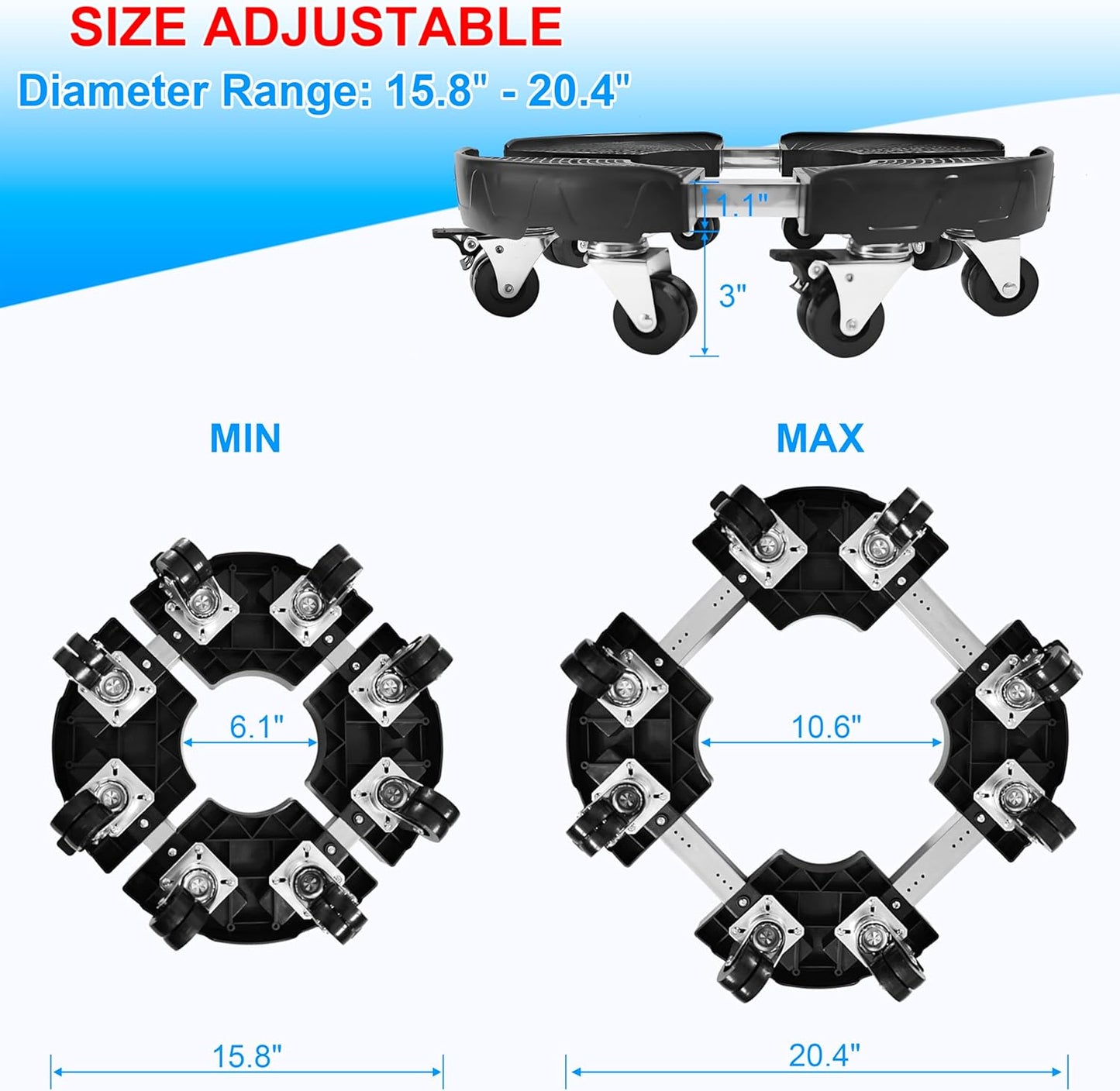 CASIMR Plant Stand with Wheels, Heavy Duty Plant Caddy with 8 Twin Casters, Adjustable 15-20 Inch Indoor Outdoor Large Rolling Plant Stand Planter Cart Dolly for Flowerpot, 600lbs Capacity