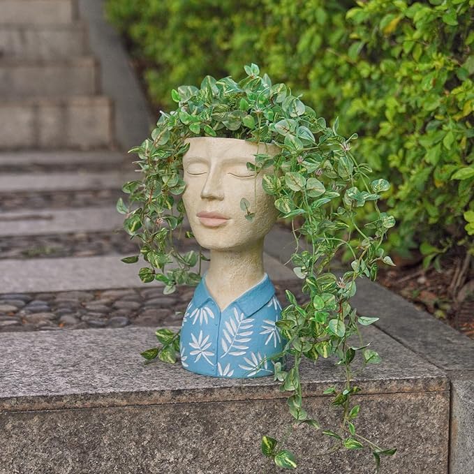 DiliComing Face Planter Pot Head Planter - Unique Planters Resin Male Bust Outdoor Planter Blue Head Planters for Indoor Plants Flower Pot Planter with Face Cute Plant Pots 5 x 6 x 10.5 Inch