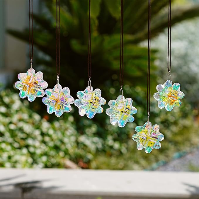 Set 6,AB Coating Four Leaf Lucky Clover Crystal Prisms Suncatchers for Windows,Rainbow Maker Hanging Prisms for Wedding Party Tree Garlands Ornaments Christmas Decorations Clearance,45mm