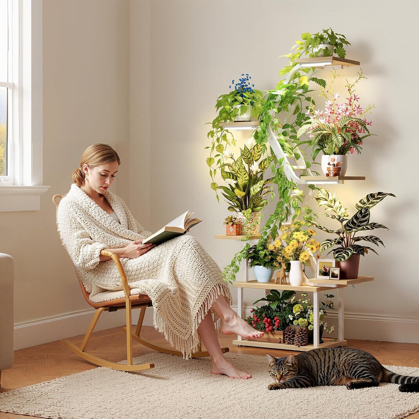 White Plant Shelves with Grow Lights: 7-Tier 65" Tall Stand for Indoor Corners, Living Room Display or Bedroom Gardening Rack