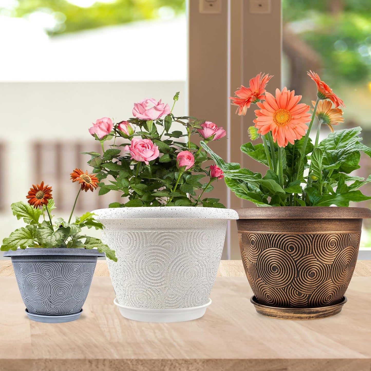 16 Inch Large Planter Pot for Plants Indoor Outdoor, 4 Pack Plastic Flower Pots with Drainage Hole & Tray, Modern Decorative Garden Pot with Saucer, Plant Container for House