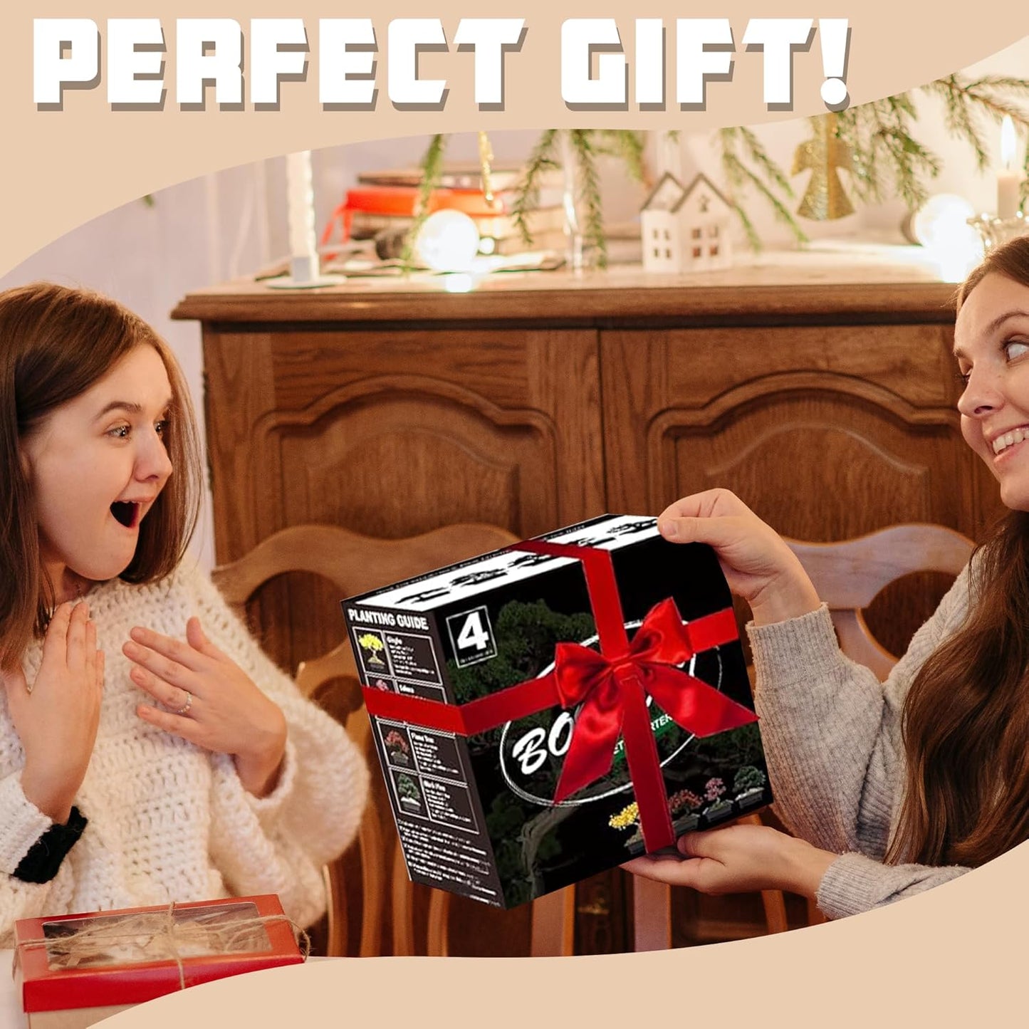 Bonsai Garden Starter Kit, 4 Seeds Growing into Sakura, Ginkgo, Black Pine, Red Flame, Including Complete Gardening Tools & A Wooden Box with Cover, Christmas Gifts for Men Women Beginners