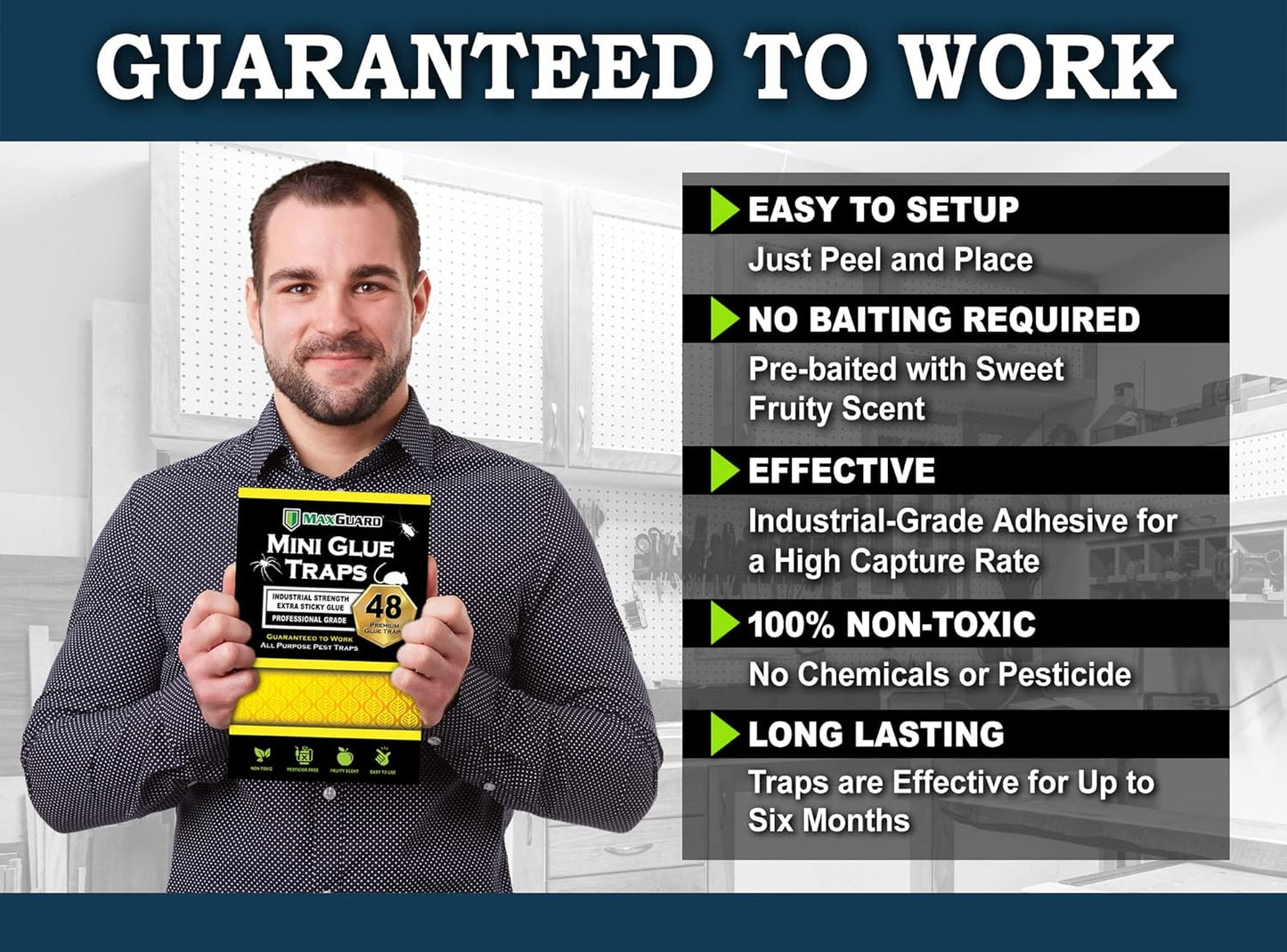 MaxGuard Mini Glue Traps (48 Traps) Non-Toxic Extra Sticky Glue Board Pre-Baited with Fruity Scent Attractant Trap & Kill Insects, Bugs, Spiders, Crickets, Scorpions, Cockroaches, Centipedes, Mice