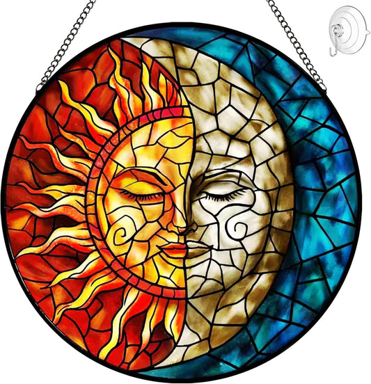 Halloween Decor Sun and Moon Suncatcher Stained Glass Window Hanging Handmade Colorful Suncatchers for Windows Hanging Celestial Sun Catchers Indoor Wall Decor Christmas Decorations for Home Garden