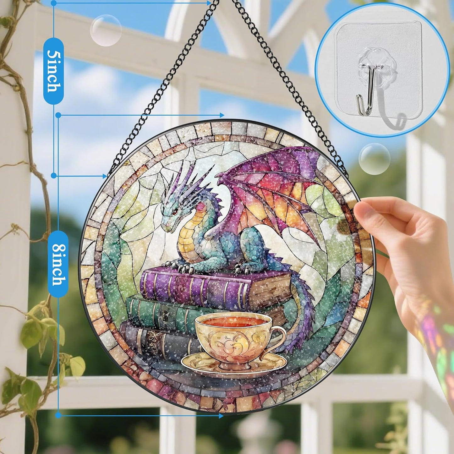 Dragon Stained Glass Window Hanging, 8 Inch Sun Catchers Indoor Window, Suncatchers for Windows Hanging, Home Decor and Christmas, Festival, Birthday, Gifts for Readers, Book Lovers, Women, Men