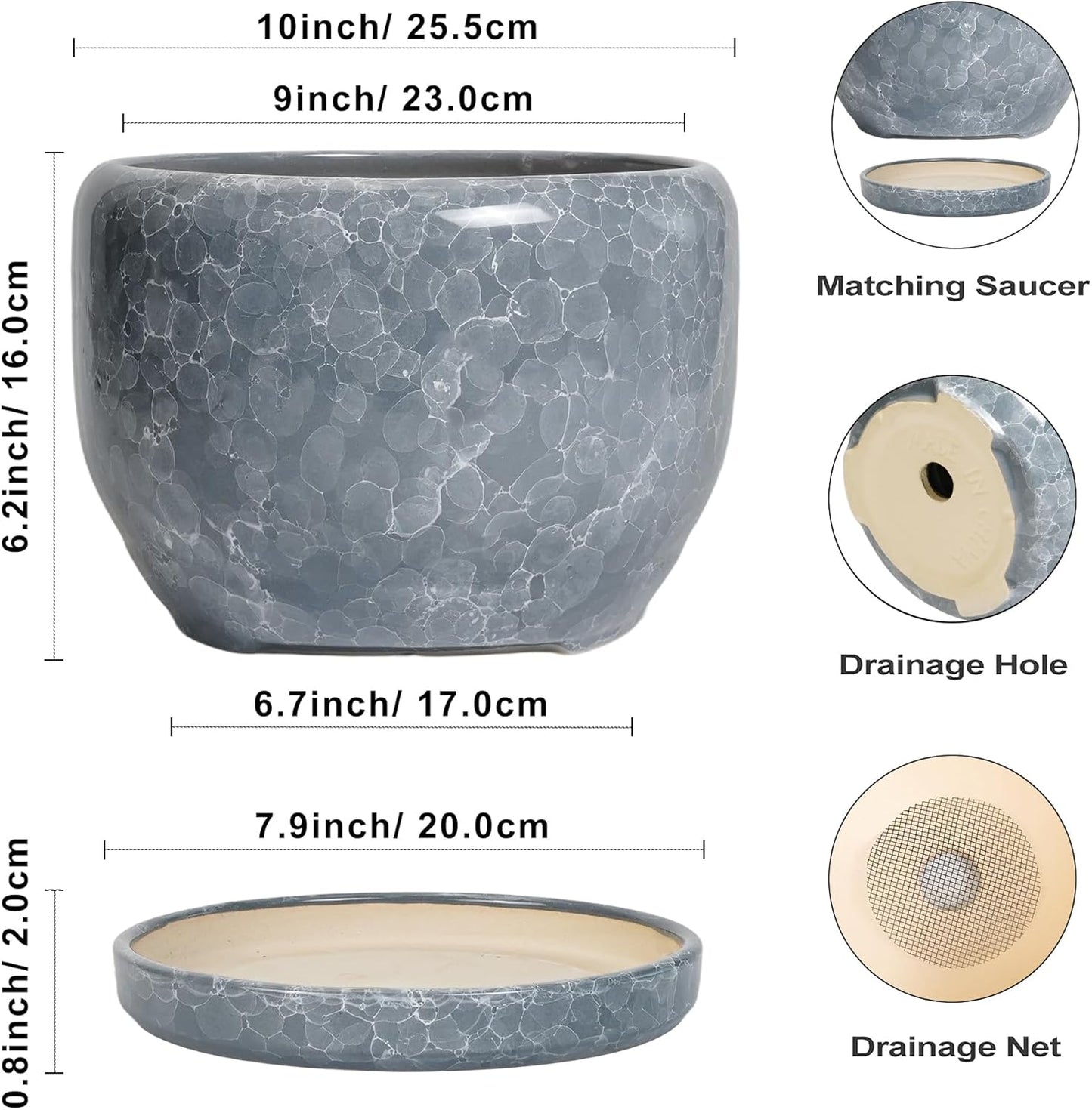 SQOWL Ceramic Pot for Plants - 10 Inch Plant Pot Indoor with Drainage Hole and Saucer, Round Ceramic Planter, Decorative Large Flower Pot Outdoor, Home Office Room Decor, Garden Gifts, Gray