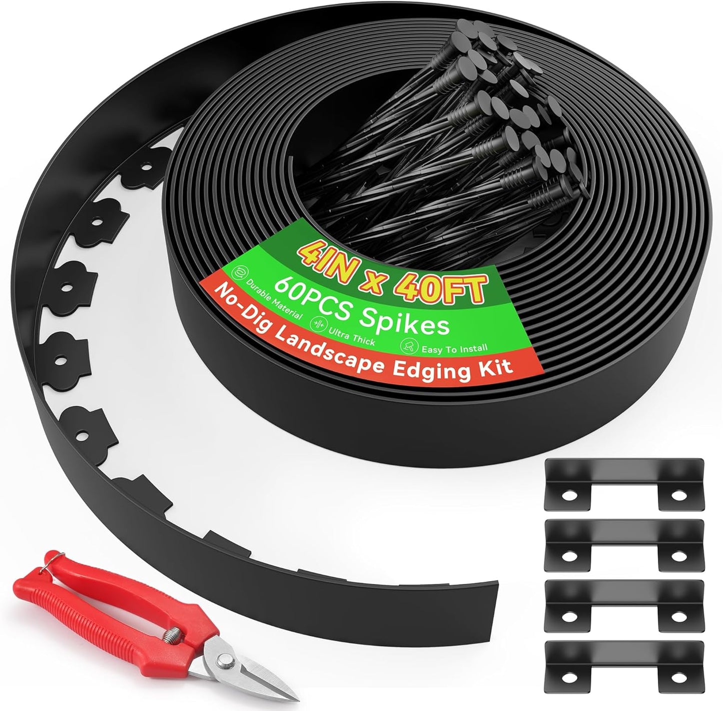 4" Tall 40ft No Dig Landscape Edging Border with 60PCS 8" Plastic Spikes & 4 PCS Connectors - Garden Lawn Edging Kit with a Shears for Landscaping, Lawn, Flower Beds and Yard