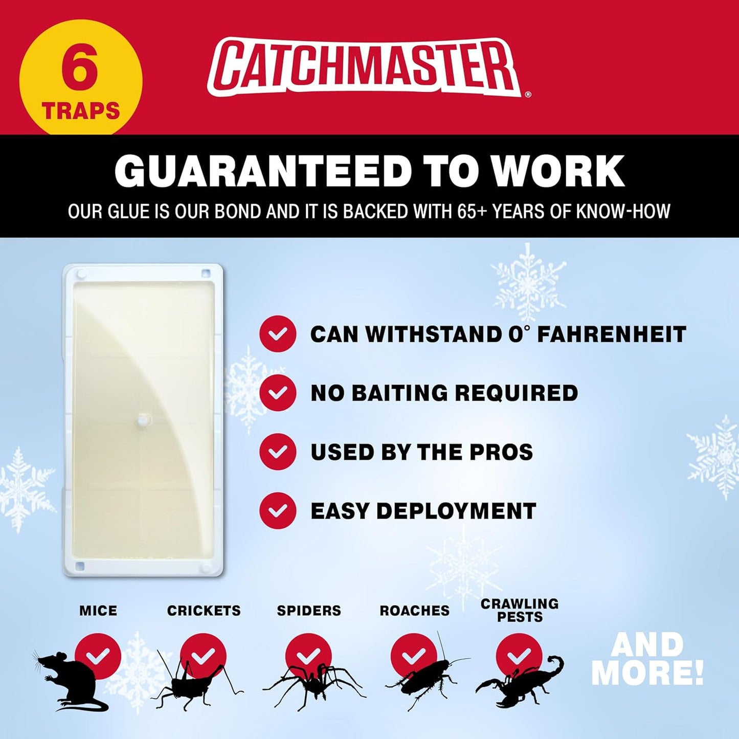 Catchmaster Freeze Resistant Glue Traps 6PK Mouse Traps Indoor for Home, Pest Control Tray for Rodents, Bugs & Crickets, Cold Weather Glue Board for House, Shed & Garage