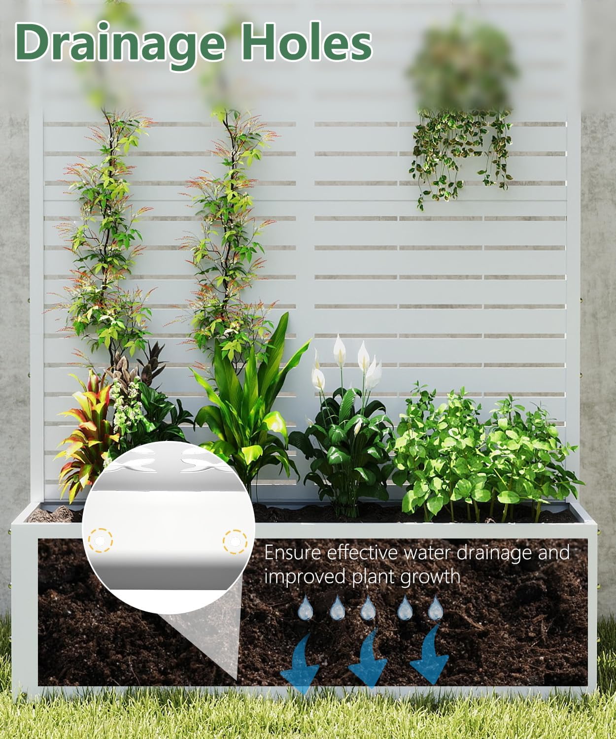 2PCS Metal Planter Box with Trellis,70.9"x47.2"x15.7" Raised Garden Bed with Drainage Holes, Privacy Planters for Outdoor Garden Bed for Climbing Plants,Vegetables,and Vines, White-louvered
